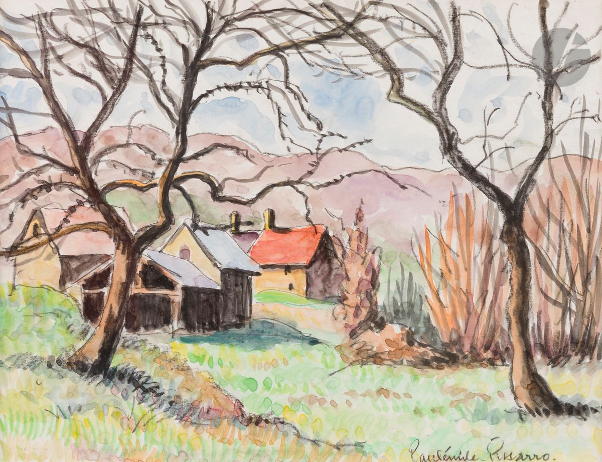 Paul-Émile PISSARRO (1884-1972)
Village au pied des montagnes
Aquarelle et fusain.
Signée en bas à droite.
24 x 31 cm