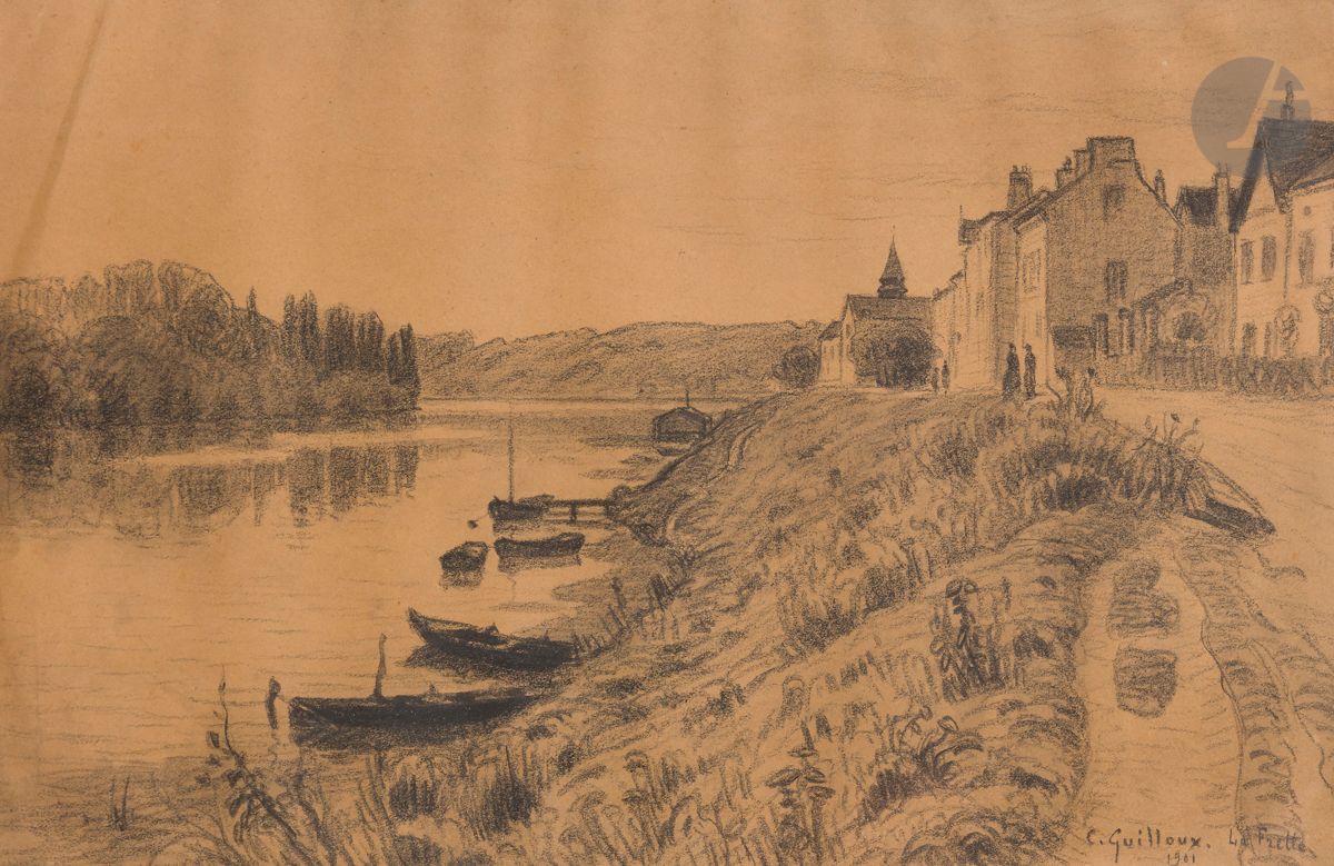 Charles Victor GUILLOUX (1866-1946)
La Seine à la Frette, 1901
Pierre noire.
Signée, datée et située en bas à droite.
(Plis et papier insolé).
19 x 29 cm