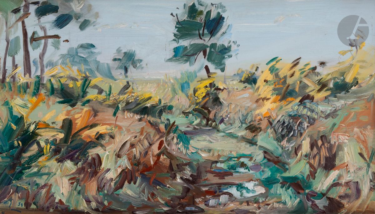 Jean HÉLION (1904-1987)
Bruté, Belle-Ile-en-Mer, 1959
Huile sur toile.
Monogrammée et datée en bas à gauche.
Signée, datée, titrée et située au dos.
25,5 x 43 cm