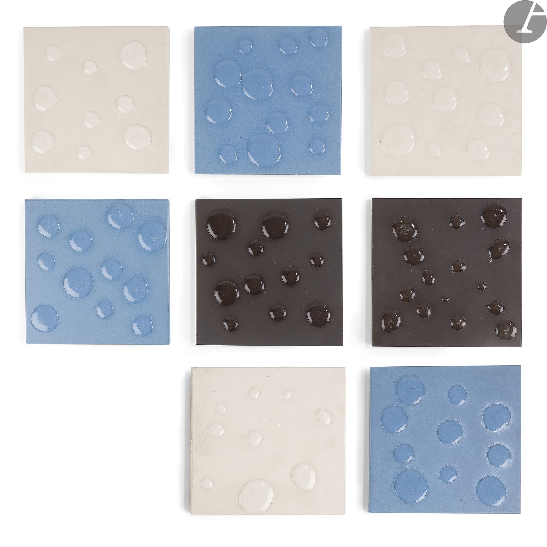 ARNOUT VISSER (b. 1962) AND Erik Jan Kwakkel (b. 1965) DESIGNERS & DROOG DESIGN PUBLISHER & MANUFACTURER WINCKELMANSDrop of
WaterSuite of
eight tiles.
Porcelain stoneware; blue, cream, anthracite.
Each tile marked on the reverse. 
14.8 x 14.8 cmThese

tiles were presented in the very first exhibition devoted to the Dutch publisher in France and organized in 1996 at the Sentou Gallery

.





