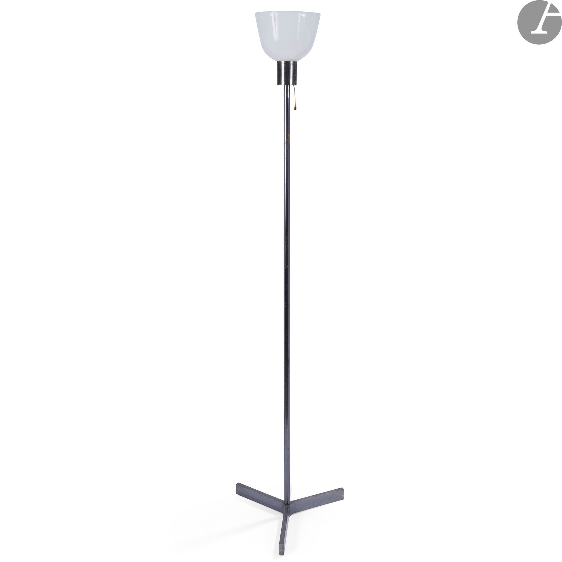 ROGER FATUS (BORN IN 1926) DESIGNER & DISDEROT PUBLISHER6110
, the model designed around [1959-60]
Floor lamp on tripod base. Proof in chromed metal gunmetal. Reflector in opaline glass. 1960's. Oxidations. H. 164,5 cm

