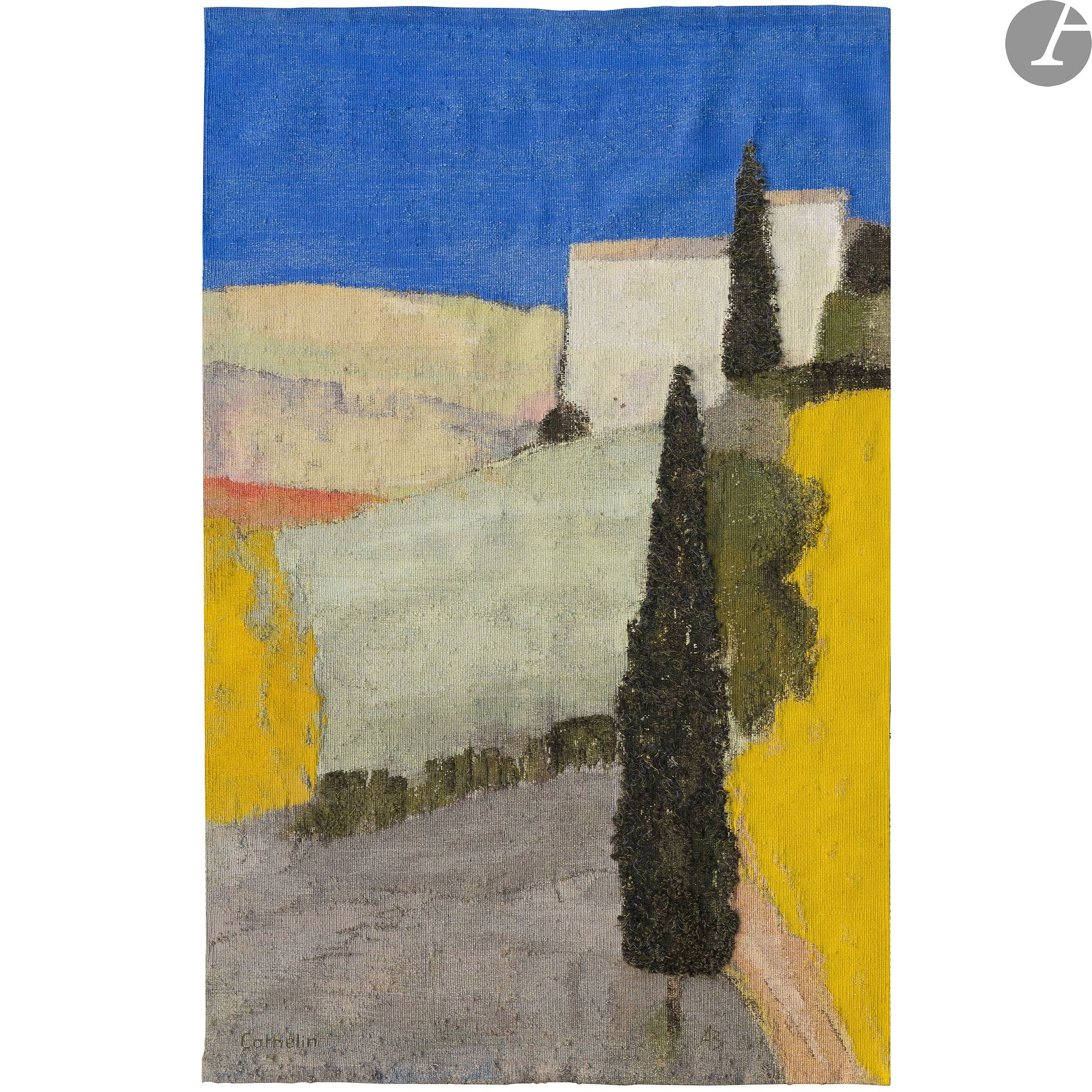BERNARD CATHELIN (1919-2004) CARTONNIER & L’ATELIER 3 LISSIER À PARIS
Paysage de Toscane, exemplaire n° 1/6
Tapisserie. Laines de couleur. Signée CATHELIN dans la trame en bas à gauche, porte le bolduc au dos signé par Régine Cathelin (1930-2012) avec les mentions de cartonnier, de titre, de justificatif, de lissier et de dimensions. 189 x 290 cm

Bibliographie :
Adam Biro - Cathelin tapisseries – Atelier 3 – Éditions Thalia, Paris, 2006. Une tapisserie identique référencée sous le numéro 51 du catalogue raisonné et reproduite page 130 et 131 (détail en pleine page).