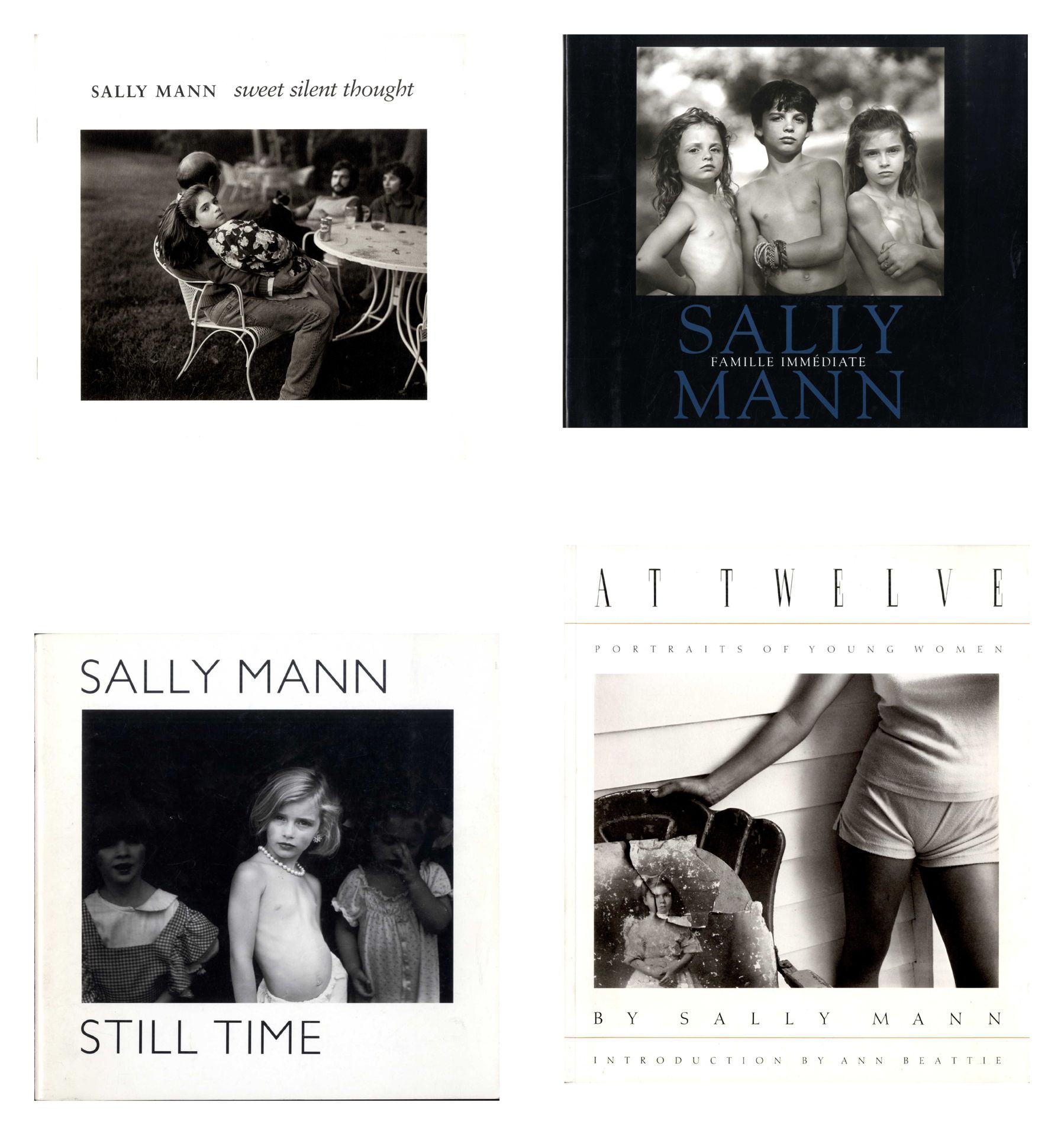 MANN, Sally (née en 1951)
4 ouvrages.

*Famille immediate.
New York, Aperture, 1992.
In-4 oblong (25 x 29 cm). Édition reliée, 90 pages, 58 photographies en noir et blanc, reliure toilée noire avec titre imprimé en creux au dos en caractères argentés et jaquette illustrée.

*Sweet silent thought, platinum prints.
Durham, North Carolina Center for Creative Photography, 1987.
In-8 (20 x 20 cm). Édition originale brochée, 24 pp, 14 photographies en noir et blanc pleine page, texte en anglais de Ted Orland, brochure éditoriale illustrée en couverture.

*Still Time
Clifton Forge, Alleghany Highlands Arts and Crafts Center, 1988.
In-8 (20,5 x 20,5 cm). Édition originale brochée, 32 pp, 15 photographies en noir et blanc pleine page, textes en anglais de Bari Ballou et de Sally Man, brochure éditoriale illustrée en couverture.

*At Twelve, portraits of young women.
New York, Aperture, 1988. 
In-4 (28 x 24 cm). Édition originale brochée, 54 pp, 37 photographies en noir et blanc, introduction en anglais d’Ann Beattie, brochure éditoriale illustrée en couverture.