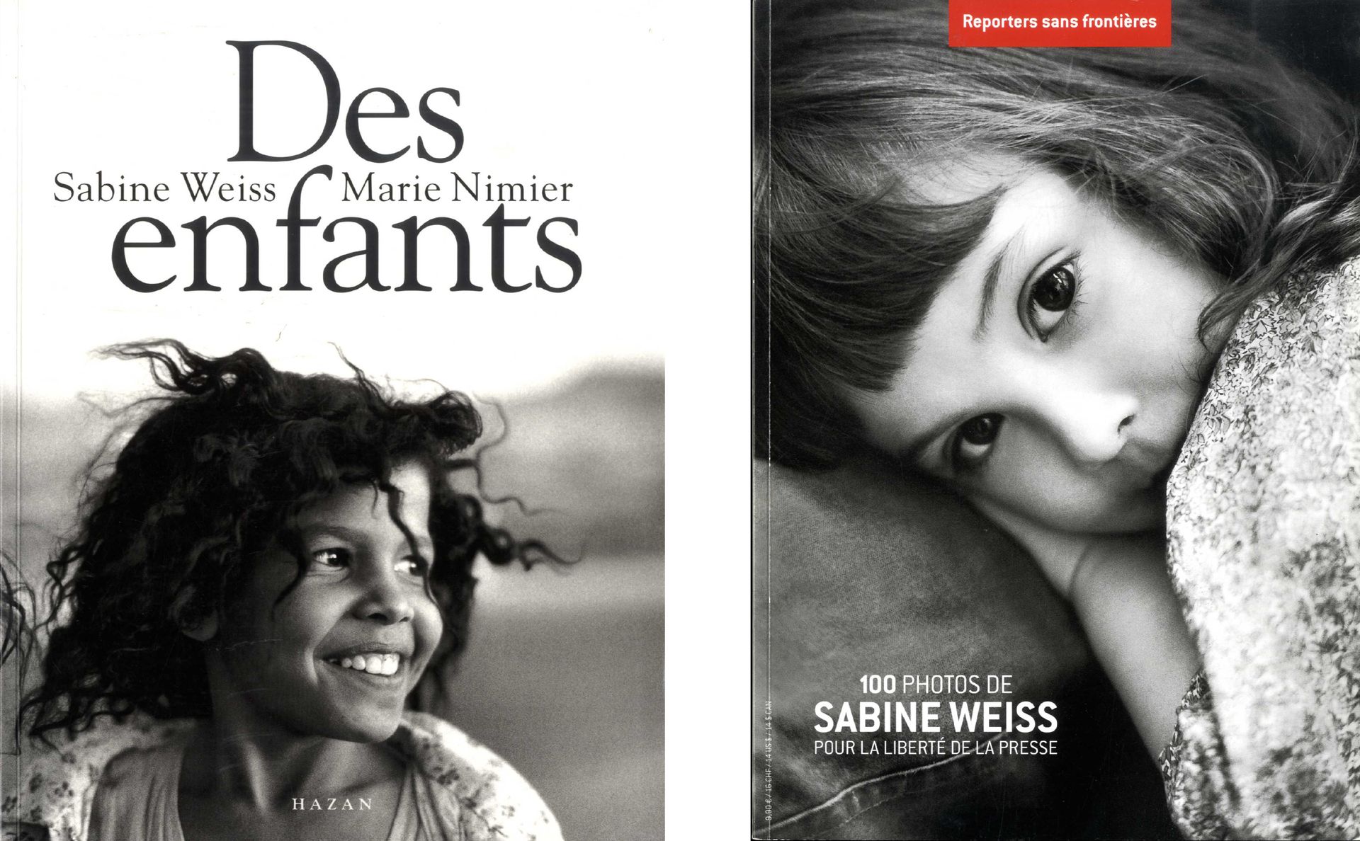 WEISS, Sabine (née en 1924) [Signed]
2 ouvrages.

*Des enfants.
Paris, Hazan, 1997.
In-4 (28 x 22 cm). Édition originale signée par Sabine Weiss en page de titre, 104 pp, 68 photographies en noir et blanc pleine page, textes de Manie Nimier ; couverture cartonnée illustrée et rigidifiée par de larges rabats.

*100 photographies de Sabine Weiss.
Paris, Reporters sans frontières, 2007.
In-4 (29 x 21 cm). Édition originale signée par Sabine Weiss en page de sommaire, 144 pp, 100 photographies en noir et blanc pleine page, une page de texte de Robert Doisneau sur Sabine Weiss. Édition brochée illustrée.