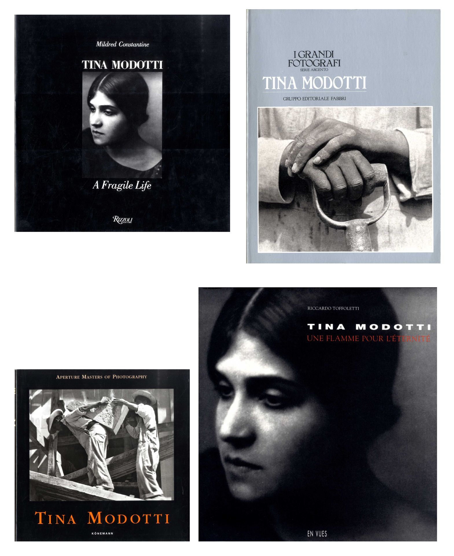 MODOTTI, Tina (1896-1942)
4 ouvrages.

*A Fragile Life. 
New York, Rizzoli International Publications, 1983.
In-4 (26,5 x 26,5 cm). Édition originale, 194 pp. environ 100 photographies en noir et blanc pleine page, texte de Mildred Constantine, couverture cartonnée d’éditeur noire imitation toile avec titre imprimé en creux en caractères argentés en couverture et au dos et jaquette illustrée.

*Une flamme pour l’éternité.
Nantes / Paris / Biarritz, En Vues, 1999.
In-4 (31 x 29 cm). Édition originale française, 156 pp, environ 80 photographies en noir et blanc pleine page, couverture souple illustrée et boitier éditorial beige titré au dos.

*Tina Modotti (I Grandi Fotografi). 
Milan, Gruppo Editoriale Fabbri, collection “I Grandi Fotografi” dirigé par Roméo Martinez, 1983.
In-4 (29 x 22 cm). Édition originale, 64 pp, 51 photographies en noir et blanc pleine page, texte en italien d’Attilio Colombo, couverture souple illustrée.

*Tina Modotti.
Cologne, Könemann / Aperture Masters of Photography, 1999.
In-8 (21 x 21 cm). Édition originale reliée, 96 pp, 44 photographies pleine page, texte en français, anglais et allemand de Margaret Hooks, reliure toilée noire avec titre imprimé en creux en caractères or en couverture et au dos et jaquette illustrée.