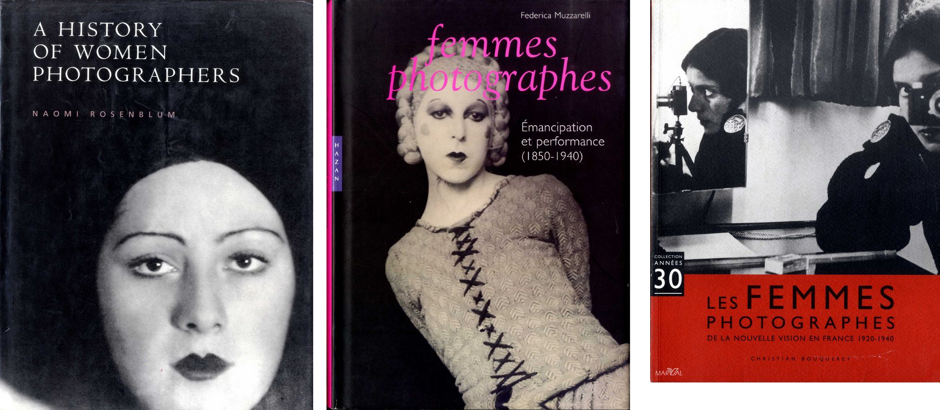 FEMMES PHOTOGRAPHES
3 ouvrages.

*ROSENBLUM, Naomi
A History of Women Photographers. 
Paris, Londres, New York, 1994.
In-4 (30 x 23 cm). Édition originale en anglais, 356 pp, plus de 200 photographies en noir et blanc, dictionnaire des femmes photographes (pp. 291 à 327), bibliographie sélective (pp. 328 à 347) et index, reliure d’éditeur toilée marron avec titre imprimé en creux en caractères or en couverture et au dos, jaquette illustrée.

*MUZZARELLI, Federica
Femmes photographes, Emancipation et performance (1850-1940). 
Paris, Hazan, 2009.
In-8 (27 x 19,5 cm). Édition originale, 304 pp, environ 150 photographies en noir et blanc et en couleurs, bibliographie (pp. 294 – 298) et index, reliure d’éditeur cartonnée noire avec titre imprimé au dos et jaquette illustrée.

*BOUQUERET, Christian
Les femmes photographes de la nouvelle vision en France, 1920 – 1940. 
Paris, Marval, 1998.
In-4 (28 x 21,5 cm). Édition originale, catalogue de l’exposition présentée à l’Hôtel de Sully à Paris du 3 avril au 7 juin 1998 puis à Chalon-sur-Saône, 140 pp, 117 photographies en noir et blanc imprimées en pleine page, dictionnaire biographique (pp.130 – 135). Édition brochée illustrée.