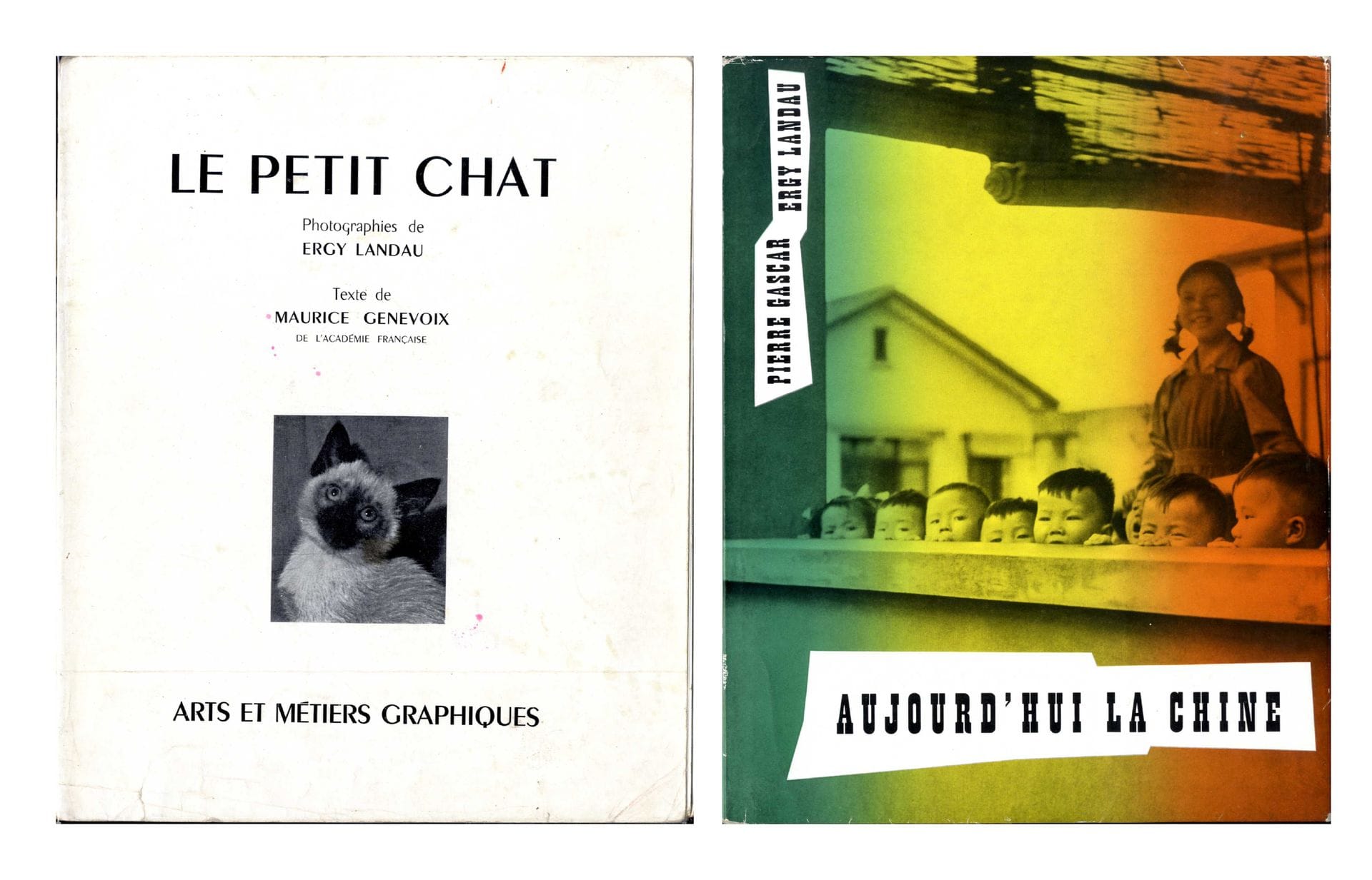 LANDAU, Ergy (1896-1967)
2 ouvrages.

*Aujourd’hui la Chine.
Lausanne, La Guilde du Livre, 1955.
In-4 (28 x 22 cm). Édition originale hors commerce en tirage limité, exemplaire n°6096, 168 pp, 114 photographies dont 57 en noir et blanc pleine page et 9 en couleurs pleine page, texte d’ouverture de Claude Roy et texte de Pierre Gascar, jaquette rempliée illustrée en couverture.
Ref. : Parr & Lundgren, The Chinese Photobook p. 282

*Le petit chat.
Paris, Arts et Métiers Graphiques, 1957.
In-4 (26,5 x 21,5 cm). Édition originale brochée, 32 p., 28 photographies en noir et blanc imprimées en héliogravure, texte de Maurice Génevoix. Couverture souple illustrée (usure d’usage mais bon état général).