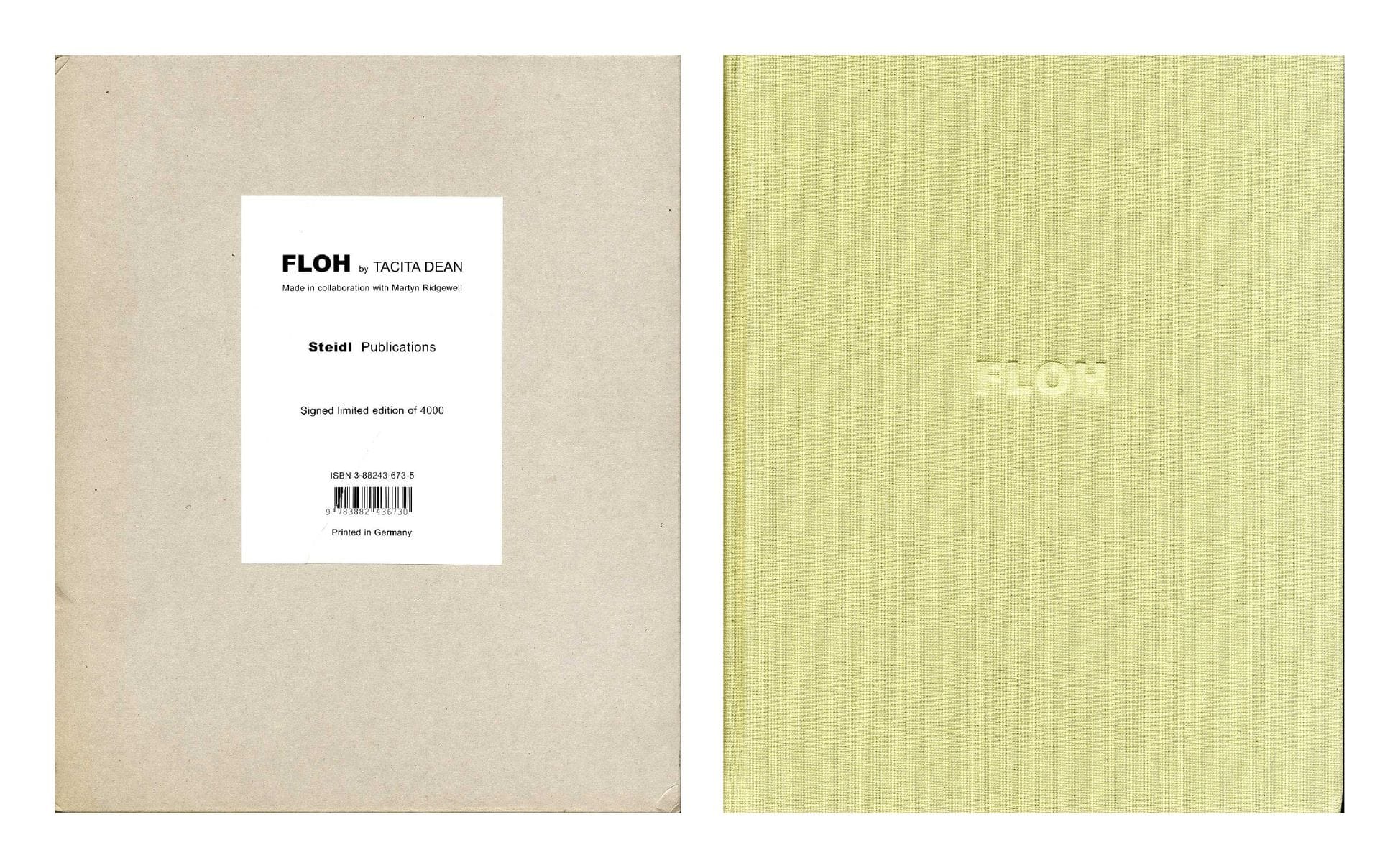 DEAN, Tacita (née en 1965) [Signed]

Floh.
Göttingen, Steidl 2001.

In-4 (30 x 24 cm). Édition originale reliée en tirage limité exceptionnellement signée par Tacita Dean. 182 pp, 95 photographies en couleurs, 52 photographies en noir et blanc et 20 photographies en sépia. Reliure toilée verte avec titre imprimé en creux ton sur ton et boîtier en carton avec étiquette de titrage.
Réf. Parr & Badger, II pp. 231.