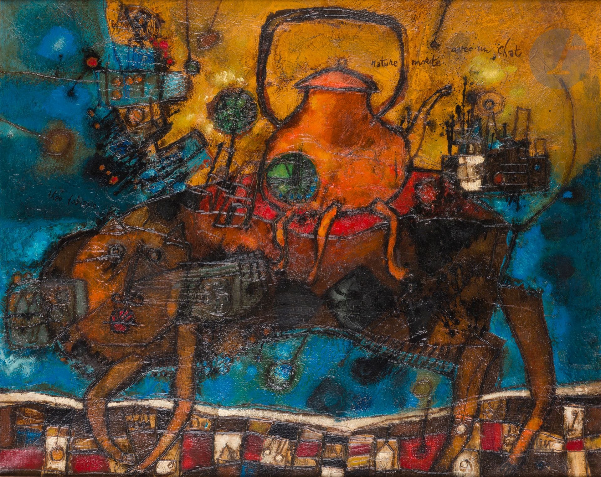 Théo TOBIASSE (1927-2012)
Nature morte avec un chat
Huile sur toile.
Signée et titrée dans la composition.
65 x 81 cm

Exposition : 
De l’art au livre, Musée de Sens, juillet - septembre 2012.