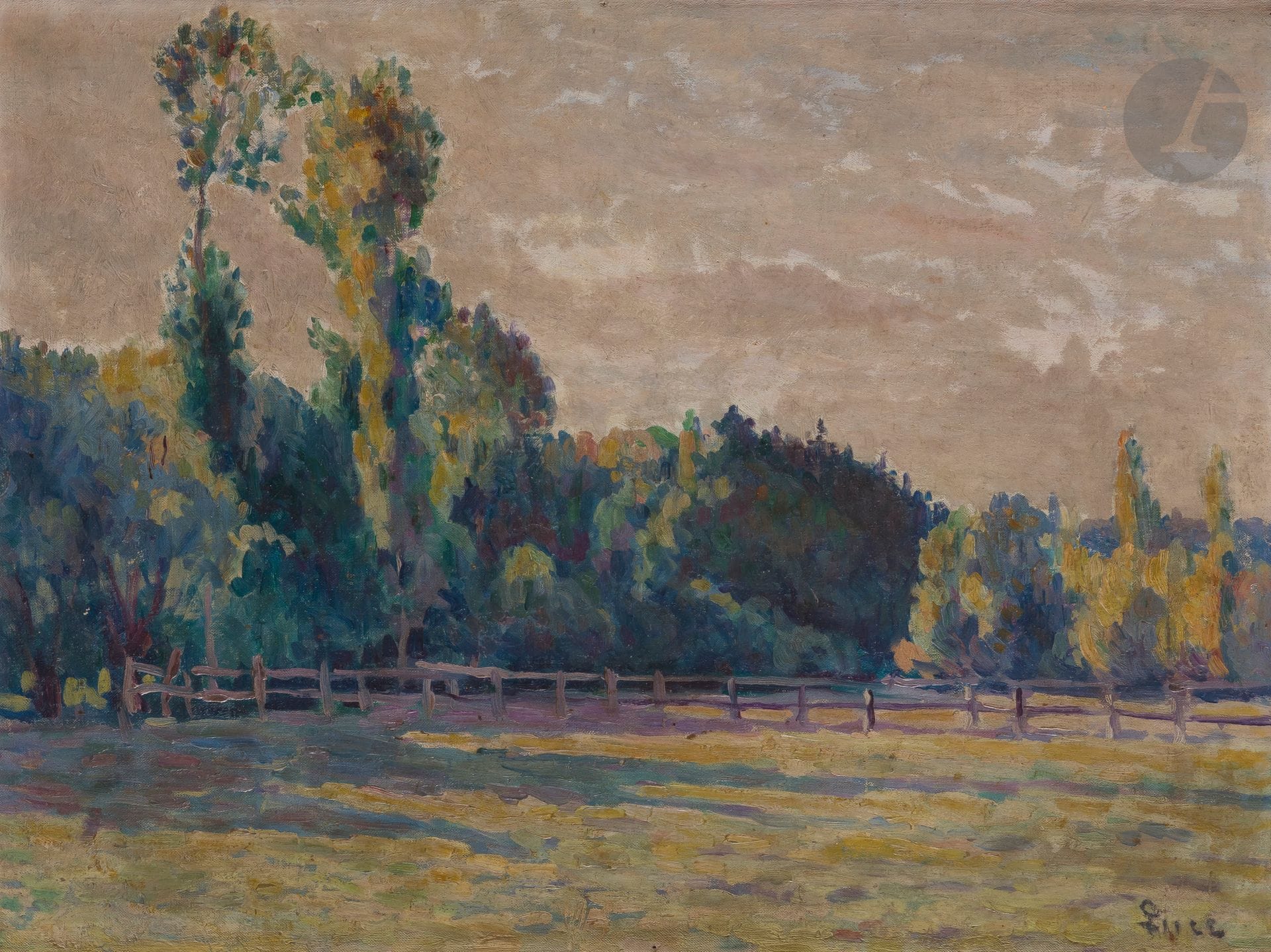Maximilien LUCE (1858-1941)
Paysage à la barrière
Huile sur carton toilé.
Signée en bas à droite.
38 x 55 cm

Provenance : 
Collection Genuys Chatau, Neuilly-sur-Seine.