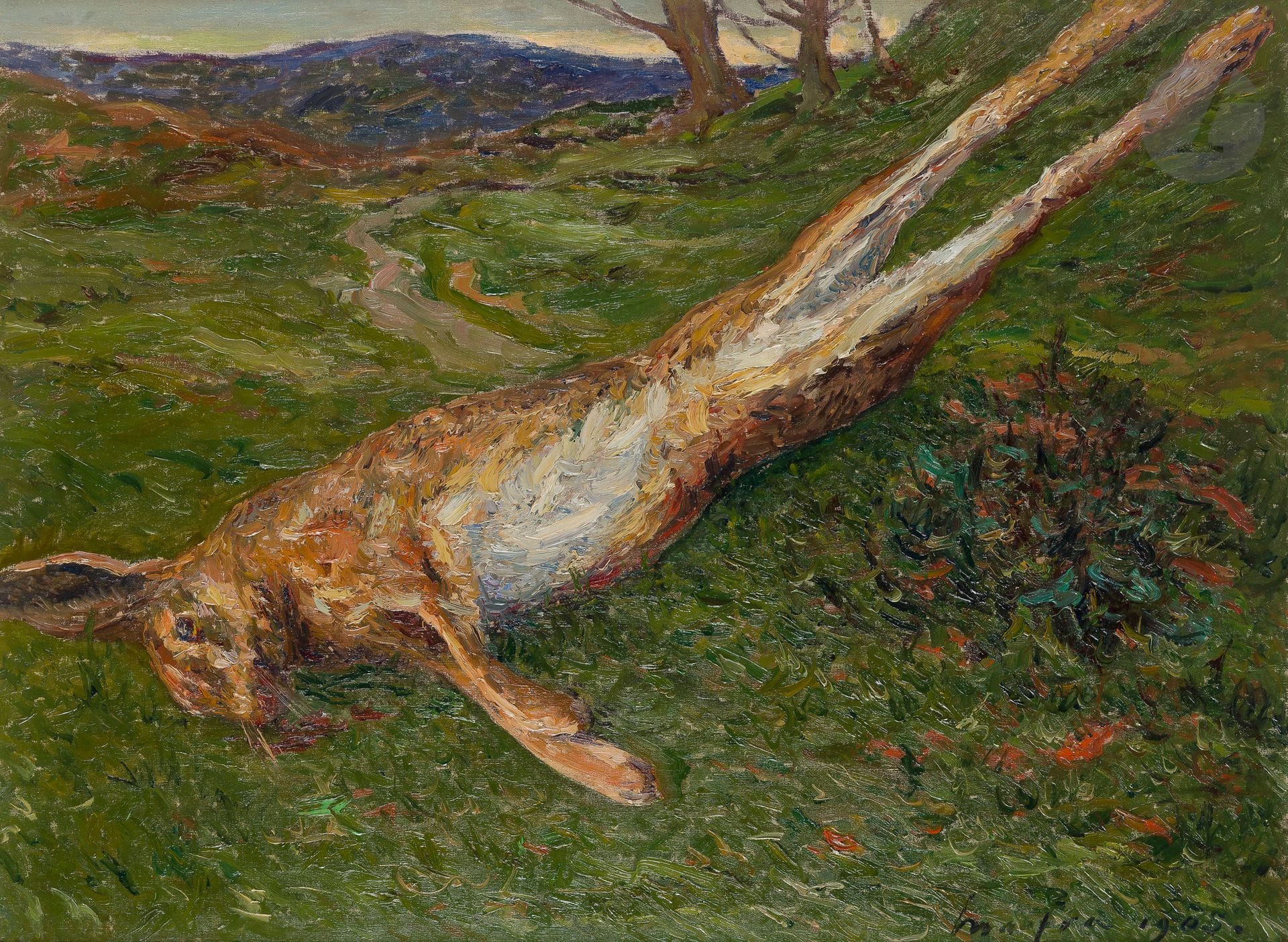 Maxime MAUFRA (1861-1918
)The Hare, 1905{CR }Oil on canvas.
Signed and dated lower right.
(Small restorations).
60 x 81 cmProvenance

: 
- Sale Maître Boisgirard, Paris, 22 June 1987, n° 26.
- Sale Maître Girard, Hôtel des ventes de Dunkerque, 1 April 2012.

A certificate from Madame Godefroy Durand-Ruel dated 29 February 2012 will be given to the buyer





.

 




This painting is registered in the Durand-Ruel Archives under the photo number 23245.










