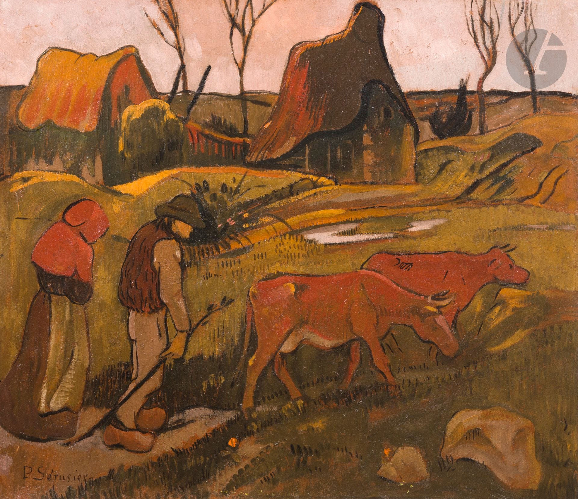 Paul SÉRUSIER (1864-1927)
Couple de paysans menant deux vaches, vers 1888-1890
Huile sur carton monté sur toile.
Signée en bas à gauche.
Étiquette au dos portant le n° 316.
(Petites restaurations).
46 x 55 cm

Provenance : 
- Galerie Henri Joly, Paris.
- Collection Jacques Chatau, Paris.
- Collection Genuys Chatau, Neuilly-sur-Seine.

Bibliographie :
Cette œuvre est publiée dans le catalogue raisonné en ligne sous la référence P-020.Fig (www.comite-serusier.com / catalogue-raisonne-paul-serusier).

Un certificat du Comité Paul Sérusier en date du 15 octobre 2015 sera remis à l’acquéreur.