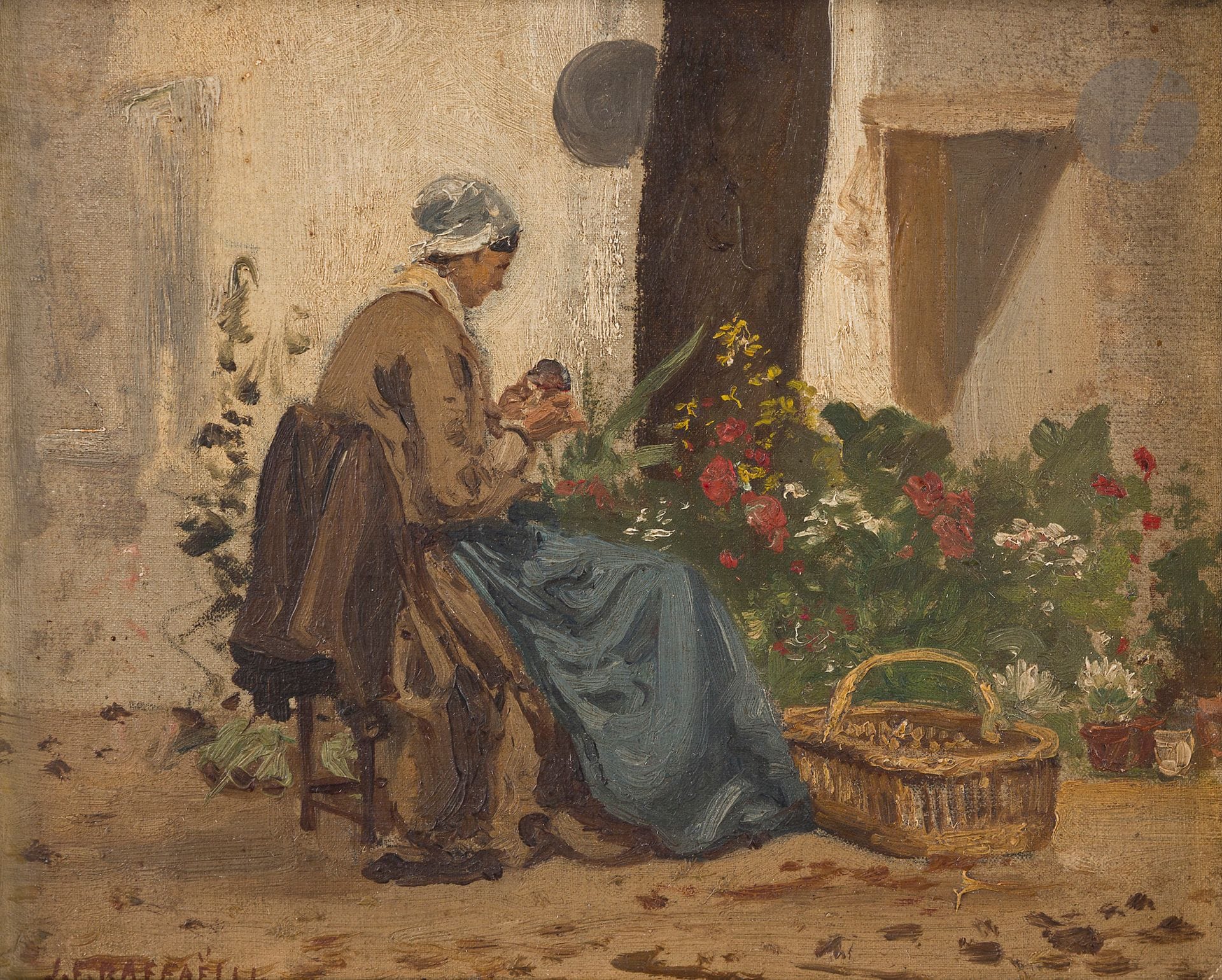 Jean-François RAFFAËLLI (1850-1924)
Femme au panier
Huile sur toile fine montée sur carton.
Signée en bas à gauche.
16,5 x 20 cm
