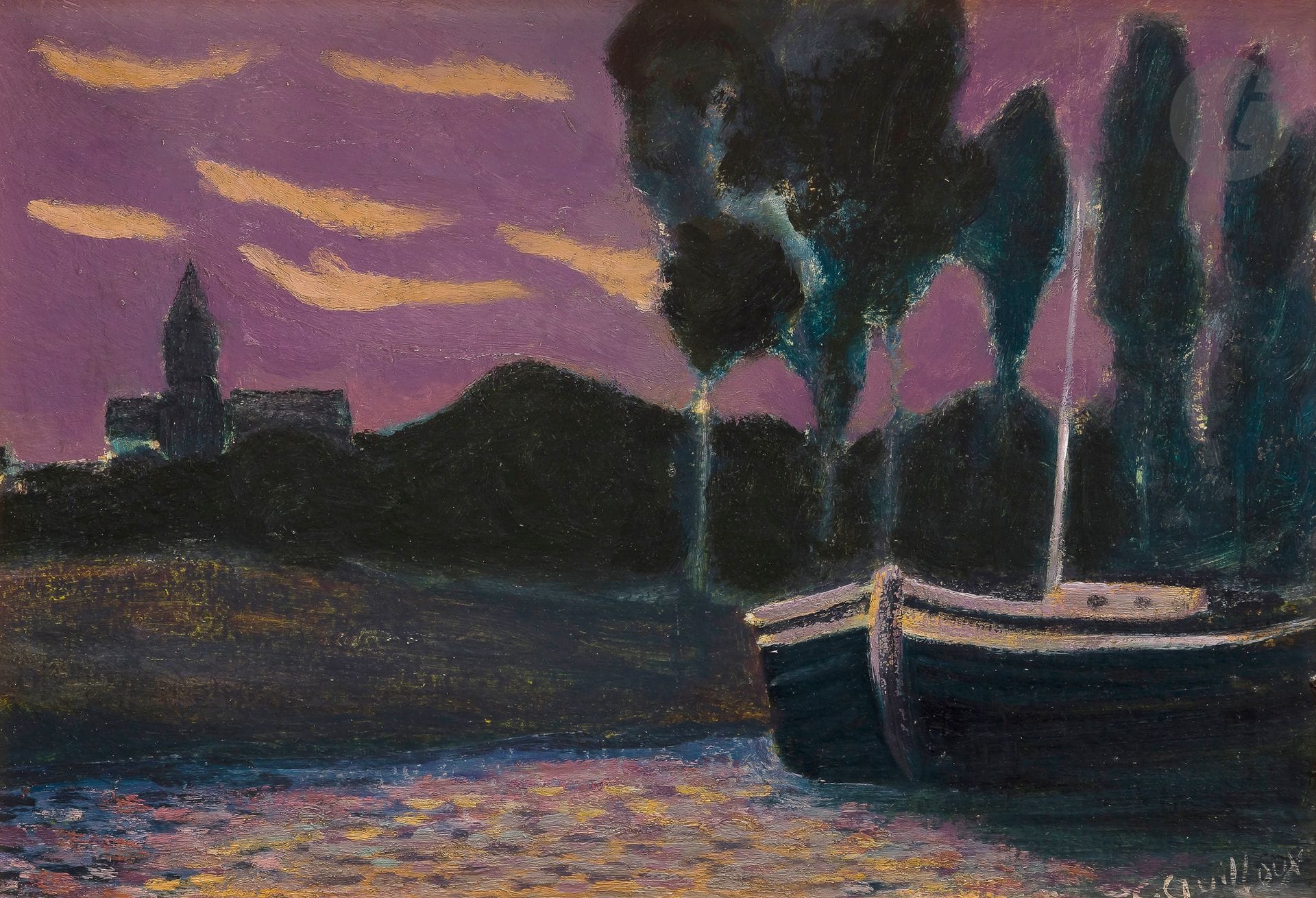 Charles Victor GUILLOUX (1866-1946)
Péniche au ciel mauve
Huile sur carton.
Signée en bas à droite.
21 x 29 cm

Provenance : 
Vente de l’atelier (timbre au dos).

Nous remercions Monsieur Thierry Mercier d’avoir confirmé l’authenticité de cette œuvre. Elle sera incluse au catalogue raisonné en préparation par Monsieur Thierry Mercier.