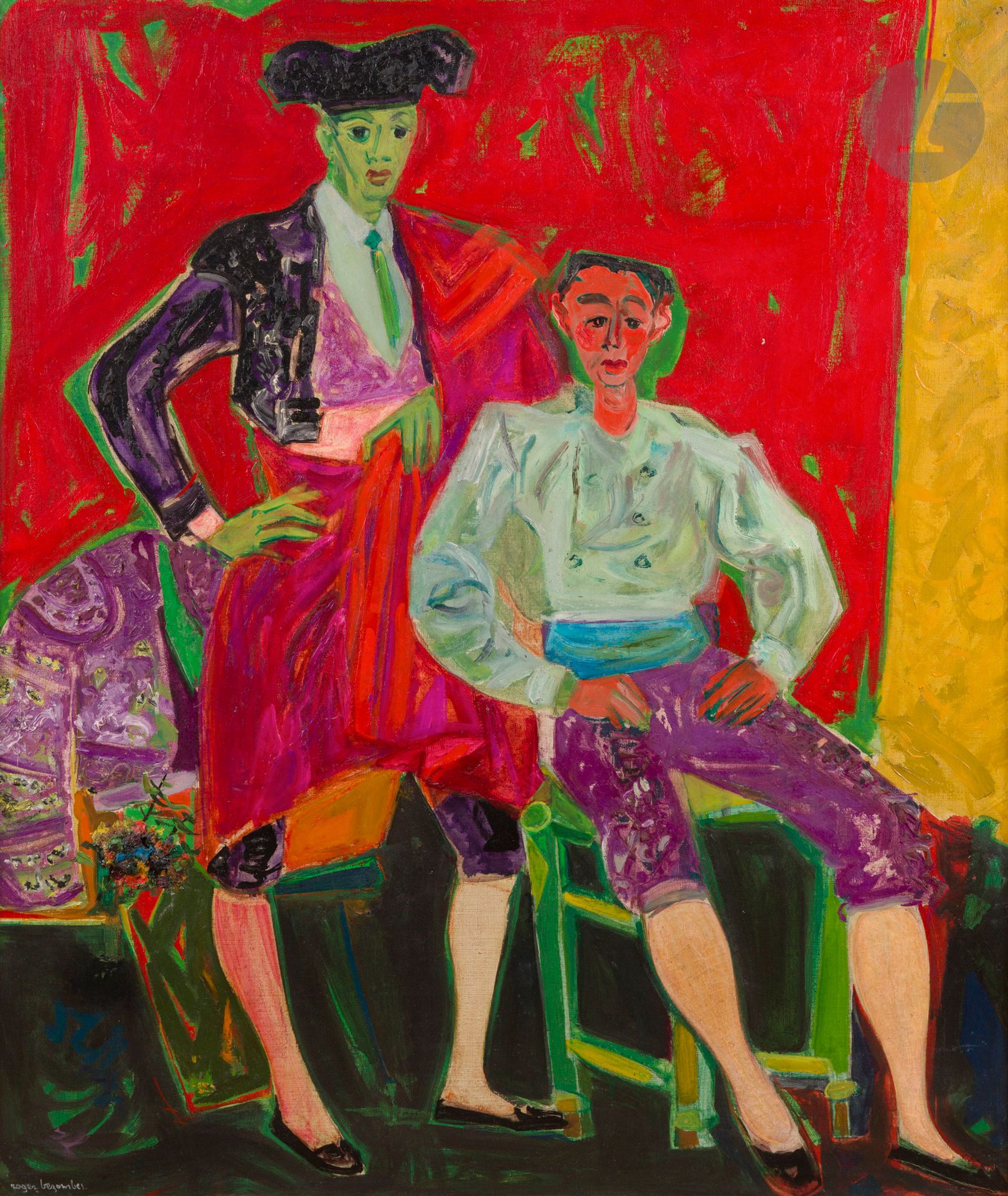 *Roger BEZOMBES (1913-1994)
Les Toreros, 1948
Huile sur toile.
Signée en bas à gauche.
Signée et titrée au dos.
100 x 81 cm

Provenance : 
- Collection Arthur Deutz, New York.
- Galerie Miami Kahan.

Expositions : 
- Salon d’Automne, Paris, 1948.
- Galerie André Weil, Paris, 1950.
- Galerie Wildenstein, Londres, 1953.
- Institut Français, Cologne, Allemagne, 1954.
- La Bourse Égyptienne, Le Caire, Égypte, 1954.
- Galerie Brueghel, Bruxelles, Belgique.
- Musée des Beaux-Arts de Rodez, 1958.

Un certificat de Madame Claude-Anne Bezombes Parmegiani en date du 26 février 2009 sera remis à l’acquéreur.

Ce lot est présenté en importation temporaire.