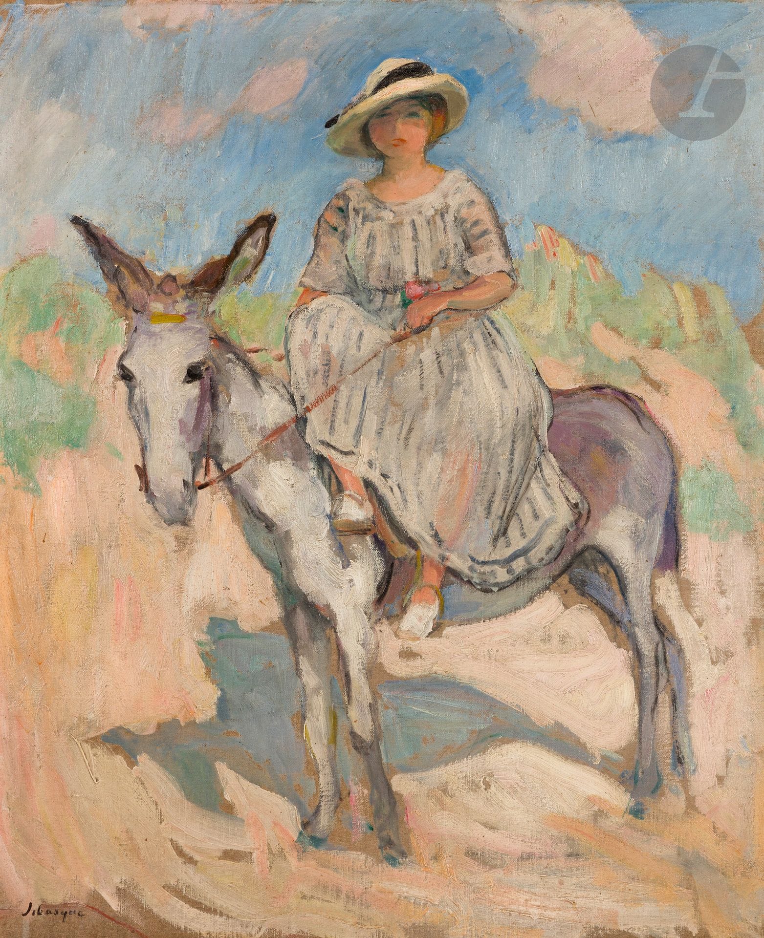 Henri LEBASQUE (1865-1937)
Saint-Jean-de-Monts, jeune fille sur un âne, vers 1917
Huile sur toile.
Signée en bas à gauche.
(Rentoilée).
61 x 50 cm

Provenance : 
Succession de Monsieur X., Paris 6e.

Œuvres en rapport :
- Saint-Jean-de-Monts, Jeune fille sur un âne, vers 1917, vente Christie’s Londres, 5 avril 2006, n° 21.
- Âne, Aquarelle et mine de plomb, 30 x 34 cm, vente Cornette de Saint Cyr, Paris, 20 décembre 2020, n° 3.