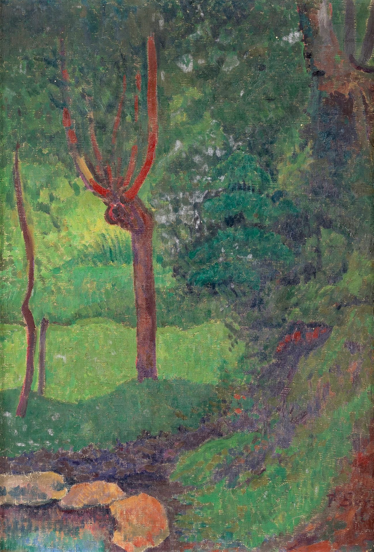 Paul SÉRUSIER (1864-1927)
L’Abreuvoir, 1912
Huile sur toile.
Signée « P. Sér. » et datée en bas à droite.
73 x 50 cm

Provenance : 
- Galerie Druet, Paris (étiquette au dos).
- Collection Genuys Chatau, Neuilly-sur-Seine.

Exposition : 
Exposition annuelle du 1er groupe, Galerie Druet, Paris, 13 - 29 novembre 1913.

Bibliographie : 
Cette œuvre est publiée dans le catalogue raisonné en ligne sous la référence C-1912.4.Pay (www.comite-serusier.com / catalogue-raisonne-paul-serusier).

Un certificat du Comité Paul Sérusier en date du 14 octobre 2015 sera remis à l’acquéreur.