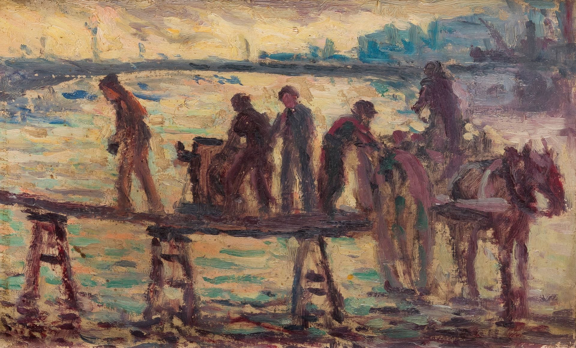 Maximilien LUCE (1858-1941)
Les Charbonniers, 1910
Huile sur toile.
Signée en bas à gauche.
16,5 x 27 cm

Provenance : 
Collection Genuys Chatau, Neuilly-sur-Seine. 

 Cette œuvre fait partie de la série des inondations de Paris, peinte en 1910.
