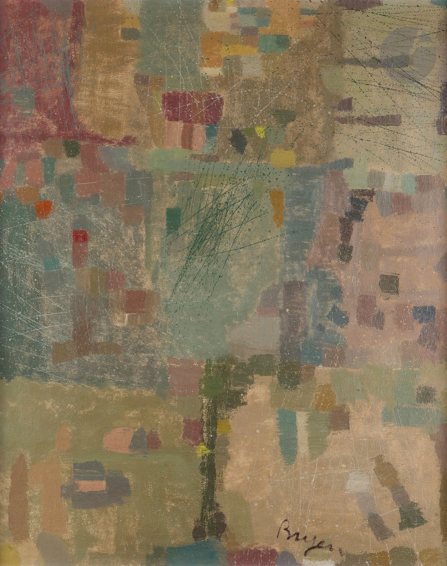 Camille BRYEN (1907-1977)
L’ Énigmatique des possibles, 1970
Huile sur toile.
Signée en bas vers la droite.
Signée, datée et titrée au dos.
100 x 81 cm

Exposition : 
Camille Bryen, Musée National d’Art Moderne, Paris,14 février - 30 avril 1973, n°65 (étiquette au dos).