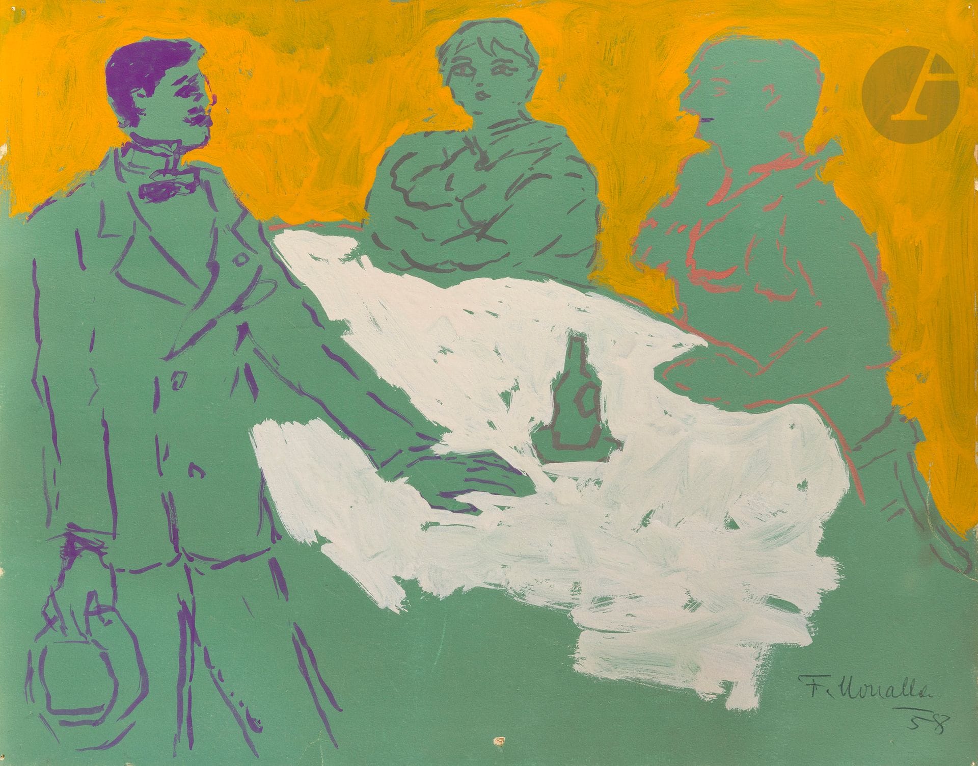 
Fikret MOUALLA [turc] (1905-1968)

Au comptoir, 1958

Gouache.

Signée et datée en bas à droite.

(Petits manques sur les bords).

25 x 32 cm



Provenance :

Collection Moussia Toulma (1903-1997), peintre.



L’oeuvre sera incluse dans le tome II du catalogue raisonné de l’oeuvre de Fikret Moualla, actuellement en préparation par Marc Ottavi et Kerem Topuz.



Un certificat d’authenticité, à la demande et à la charge de l’acquéreur, sera établi par Marc Ottavi.
