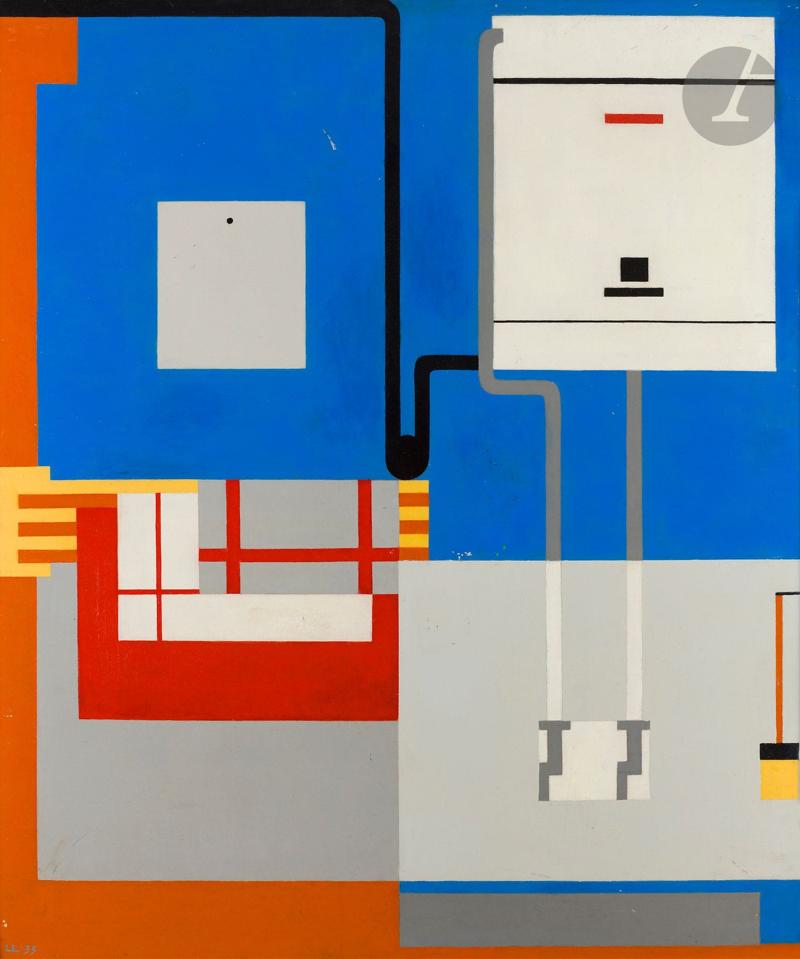Lou LOEBER [hollandaise] (1894-1983)
Gootsteen II, 1933
Huile laquée sur carton.
Monogrammée et datée en bas à gauche.
Signée, datée et titrée au dos.
(Petites griffures).
85 x 71 cm

Provenance :
Galerie, Cologne, Allemagne (fragments d’étiquette au dos).
