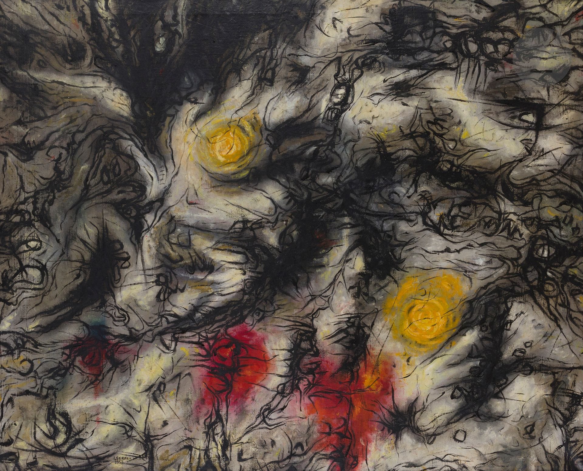 Iaroslav Sossountzov SERPAN [russe] (1922-1976)
Gasss-Hitt, 1952
Huile sur toile.
Signée et datée en bas à gauche.
Signée, datée et titrée au dos.
(Restauration).
98 x 79 cm