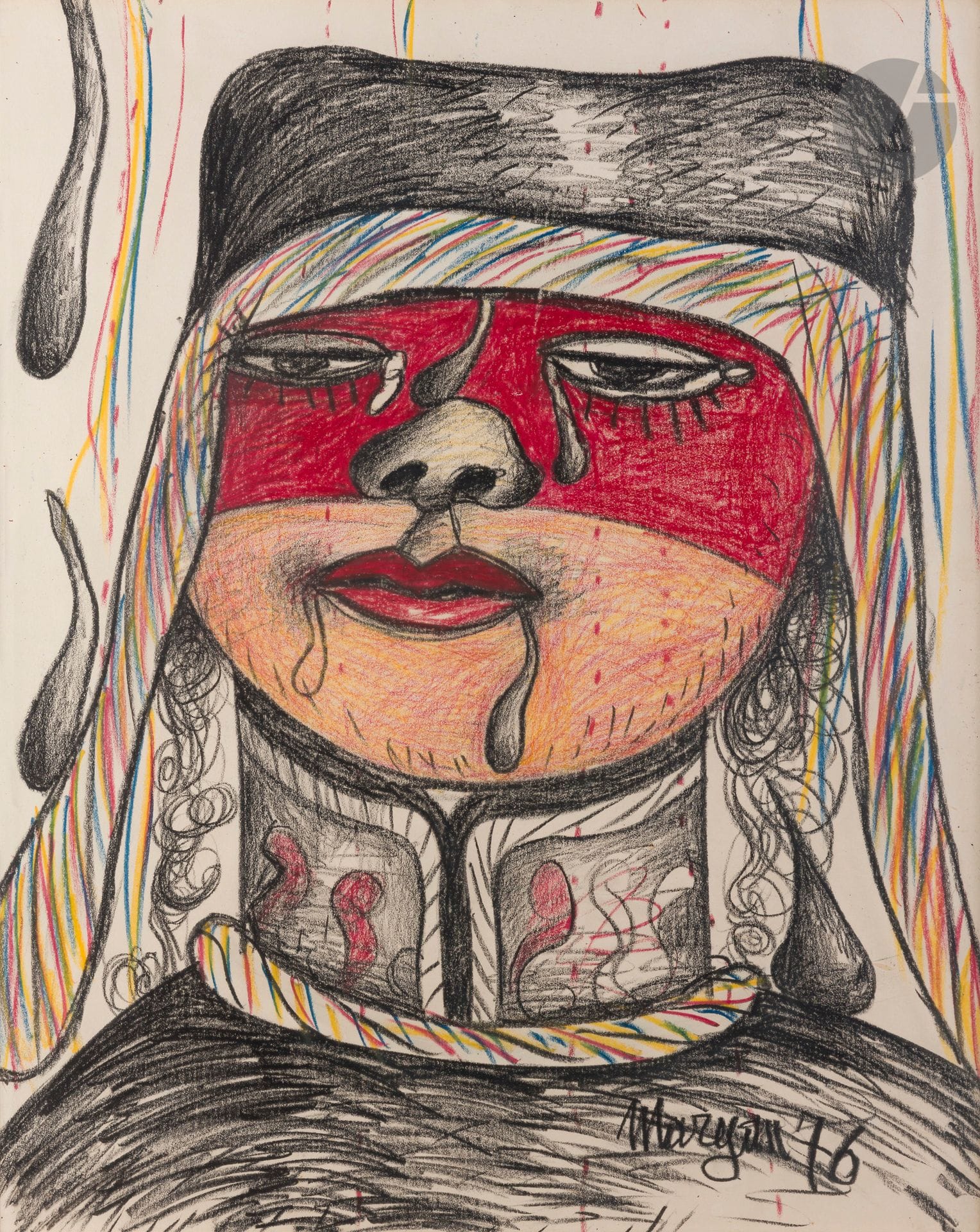 Pinchas Burstein dit Mary MARYAN [polonais-américain] (1927-1977)
Portrait, 1976
Pastel gras.
Signé et daté en bas à droite.
72 x 56,5 cm

Provenance :
Galerie Ariel, Paris, n°8575 (étiquette au dos sur le montage).