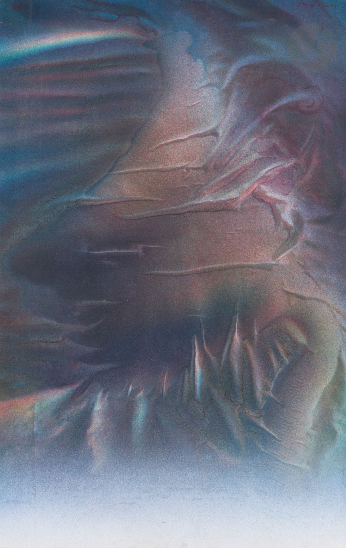 Laszlo MÉHES [hongrois] (né en 1944)
Akt es draperia, 1980
Acrylique sur toile fine montée sur toile.
Signée en haut à droite.
Datée en haut à gauche. 
Titrée au dos sur une étiquette.
73 x 50 cm