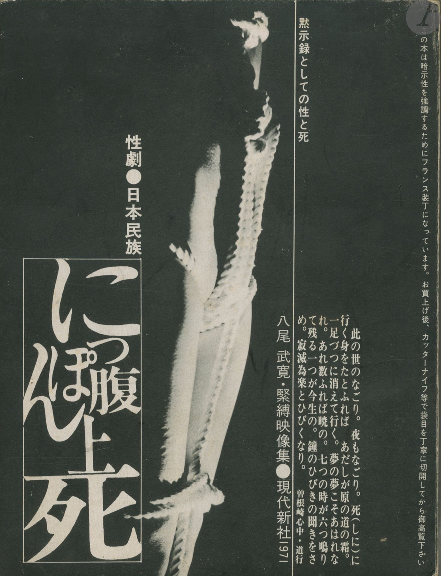 [JAPON]
YAO, TAKEHIRO
Nippon Fukujoshi.
Gendai shinsha, 1971.
In-4 (23,5 x 17,5 cm). Édition originale, brochée. Très belle impression des photographies de nus et bondage imprimées en héliogravure. Couverture souple illustrée.