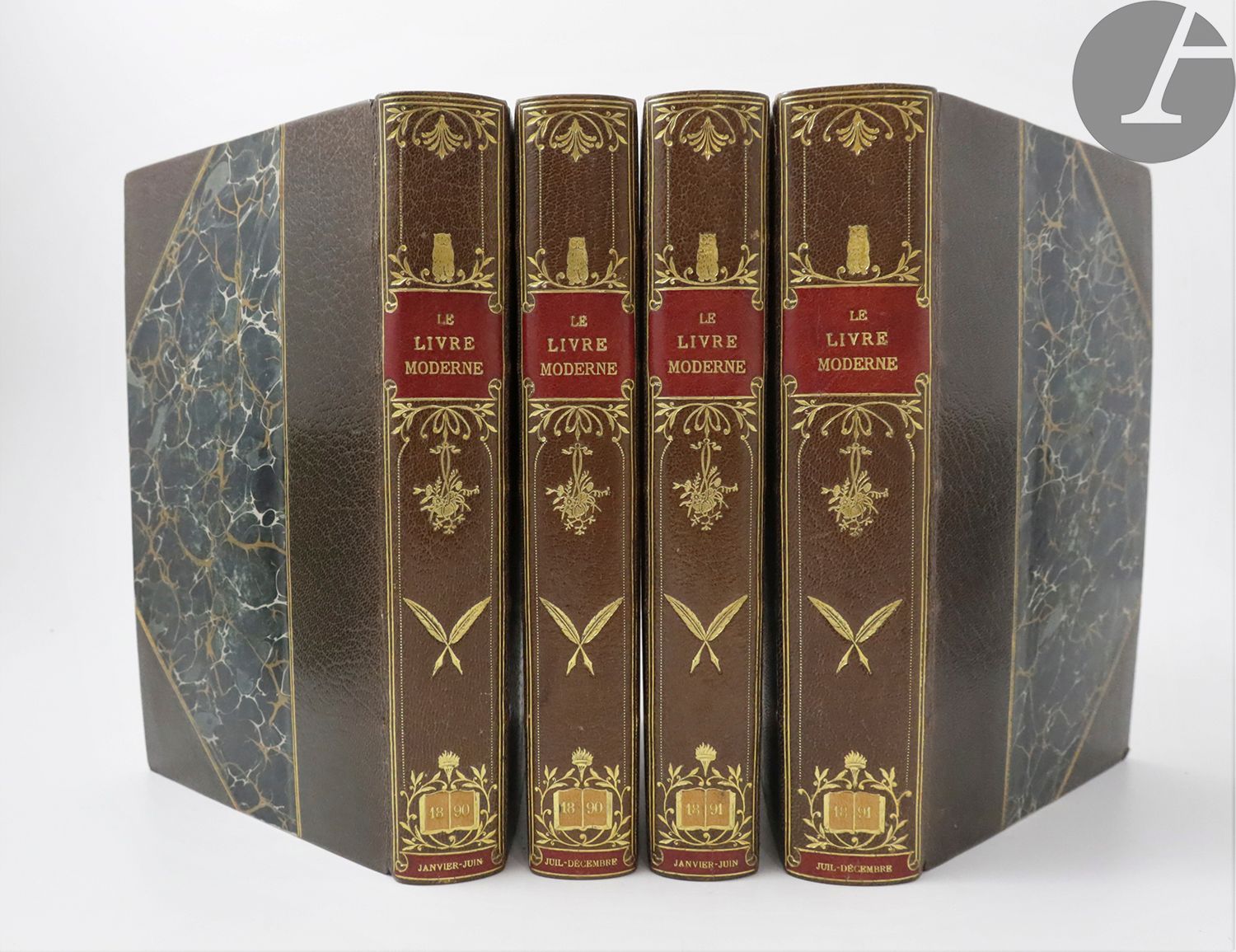UZANNE (Octave).
The modern book. Revue du monde littéraire et des bibliophiles contemporains. Paris : Maison Quantin, 1890-1891
[With] :MOURLEVAT (Michel). Le Livre moderne. Table générale 1890-1891.
Paris : Imprimé par les soins de la Direction du " Livre Moderne " pour les Souscripteurs de cette Revue, Février 1892 - 4 volumes in-8, half brown morocco with corners, gilt filets, smooth spine nicely decorated with gilt and mosaic patterns, gilt head, untrimmed, covers and spine kept (P. Ruban)
.

Complete collection of this literary and bibliophilic review published by Octave Uzanne, published in 24 issues from January 1890 to December 1891. It is illustrated with numerous plates and illustrations in the text by Evert van Muyden, Albert Robida, François Courboin, Henri Guérard, Louis Morin, Félicien Rops, etc.

One of the 1000 numbered copies on Vosges laid paper, very well bound by Petrus Ruban and complete with the general covers, all delivery covers and the general table published in February 1892 by Michel Mourlevat, bound at the end of the last volume.

Spines slightly faded.







