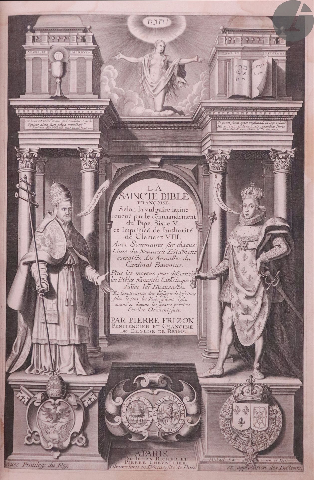 [BIBLE] - FRIZON (Pierre).
La Saincte bible françoise, Selon la vulgaire Latine reveuë par le commandement du Pape Sixte V. Et imprimée de l'authaurité de Clément VIII. Avec sommaires sur chaque livre du nouveau testament extraicts des annales du cardinal Baronius.
Paris : Jean Richer, Pierre Chevalier, 1621. — 4 parties en deux volumes in-folio, veau brun, dos à nerfs orné, tranches rouges (reliure de la fin du XVIIIe siècle).
Delaveau-Hillard, « Bibles imprimées du XVe au XVIIIe siècle conservées à Paris », n° 463.

Première édition, dédiée au roi Louis XIII, de cette révision de la bible de Louvain par Pierre Frizon, chanoine de l'église de Reims. Elle est recherchée car elle est la première à être illustrée de gravures en taille-douce, comprenant un titre-frontispice dessiné et gravé par Michel Lasne, de 71 figures et portraits dans le texte par, entre autres, Melchior Tavernier, Michel von Lochom, Claude Mellan et Léonard Gaultier, et d'une carte divisée en 2 parties, également gravée dans le texte. Cette dernière est ici imprimée à l'envers.

À la fin se trouve une partie intitulée « Moyens pour discerner les Bibles Françoises Catholiques d'avec les Huguenotes. Et l'explication des passages de l'escriture selon le sens des Peres qui ont vescu avant & durant les quatre premiers Conciles Oecumenicques », composée par Pierre Frizon et introduite par un titre particulier, ici à l'adresse de Jean Richer seul, orné d'une vignette gravée en taille-douce.

Reliures abîmées, coiffes arasées, charnières fendues, coins émoussés, frottements d'usage. Gardes et rabats du veau du second volume décollés. Mouillures, quelques petites galeries de vers.