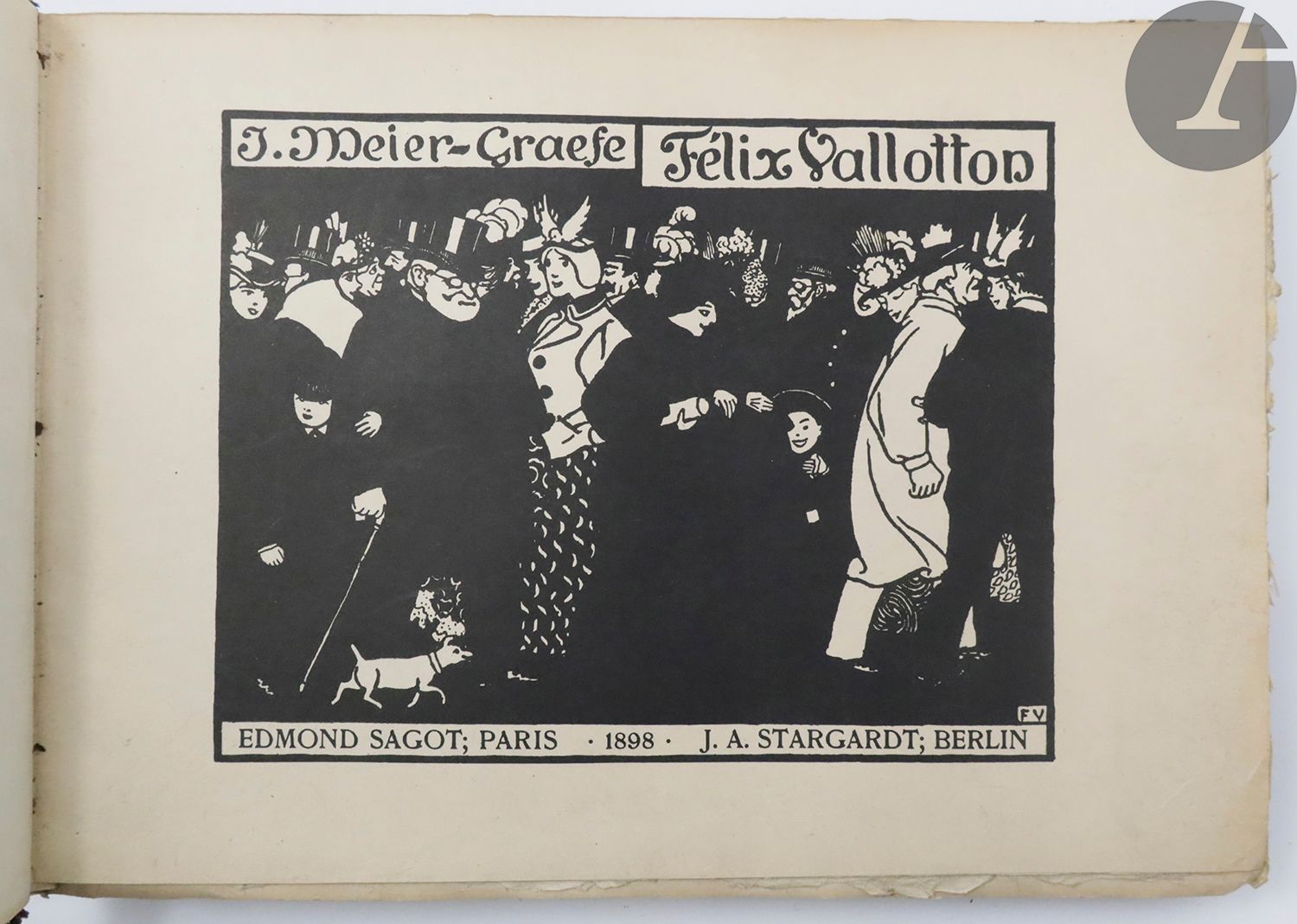 VALLOTTON (Félix)] - MEIER-GRAEFE (Julius).
Félix Vallotton. Biographie de cet artiste avec la partie la plus importante de son œuvre éditée et différentes gravures originales & nouvelles.
Berlin : J. A. Stargardt ; Paris Edmond Sagot, [1898]. — In-4 oblong, veau noir, filets, roulettes et fleurons dorés en encadrement sur les plats, dos lisse orné, tête dorée, non rogné (reliure de l'époque).
Édition originale de cette biographie bilingue, allemand et français, suivie du catalogue complet de toutes les gravures sur bois faites par l'artiste de 1891 à 1897. L'ouvrage est illustré de 54 gravures sur bois de Félix VALLOTTON, dont 51 reproduites sur 43 feuillets à la fin. La gravure en frontispice, répétée au recto du premier feuillet, ainsi que la dernière, sont des gravures originales faites pour l'ouvrage.

UN DES 25 EXEMPLAIRES DE LUXE SUR JAPON, SIGNÉS PAR L'ARTISTE À LA JUSTIFICATION.

Reliure en très mauvais état, présentant de nombreuses épidermures et des manques aux coins et surtout au dos qui a été en partie arraché. Les Charnières sont entièrement fendues. L'intérieur est resté en très bon état.