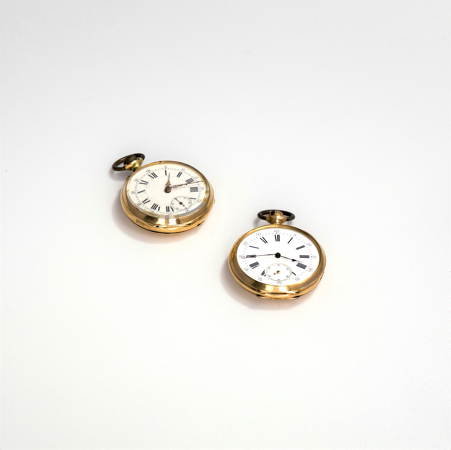 Lot de 2 montres de gousset en or (18K). Poids brut: 136,6 g
(double paroies)
(un verre manquant)