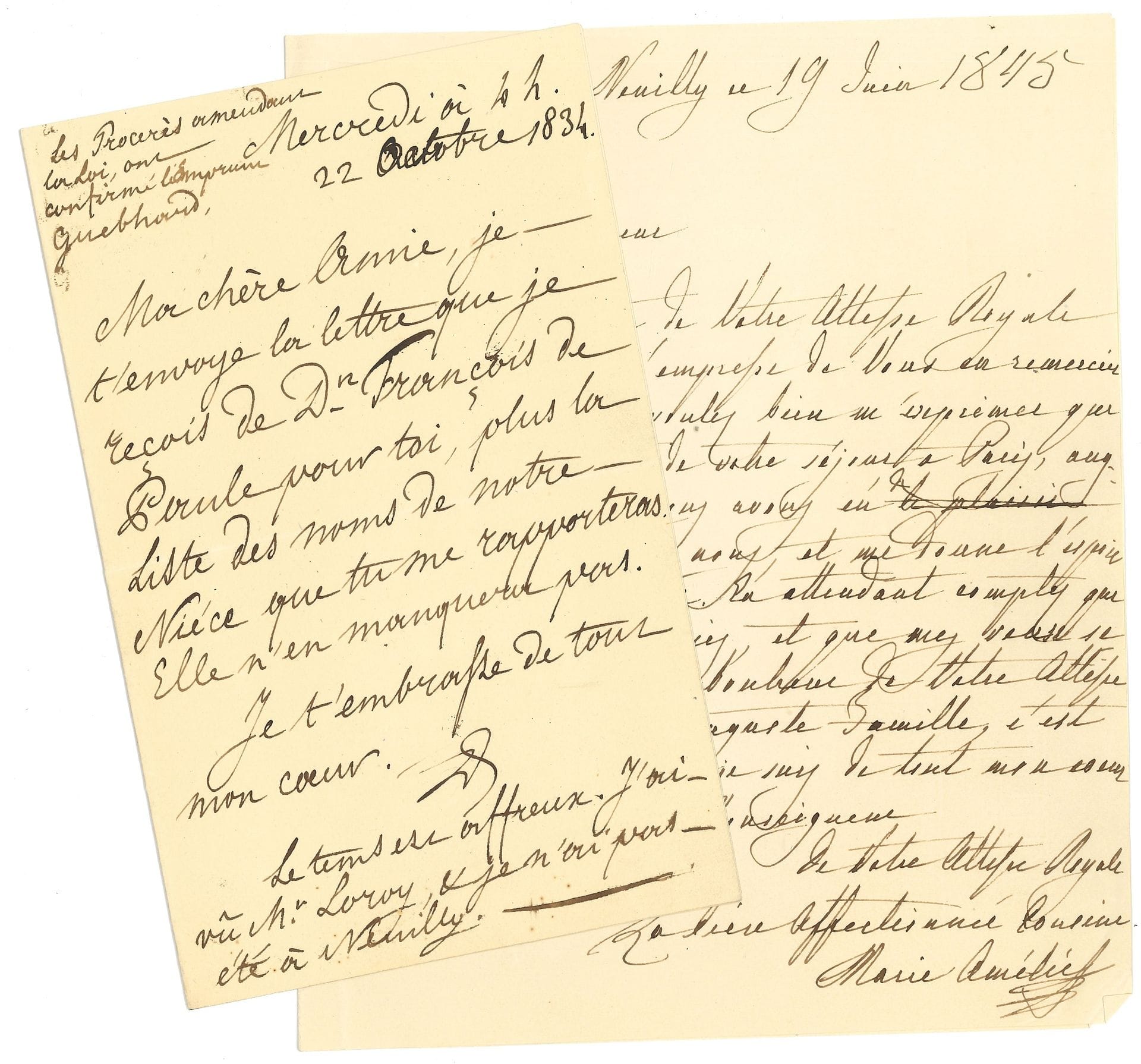 LOUIS-PHILIPPE I. L.A.S. (initials), October 22, 1834, to his wife Marie-Amélie; 1 page in-8.

He forwards to her a letter received from Don François de Paule [Infant of Spain], "plus the list of names of our Niece [Amélie of Spain, born October 12, future Princess Adalbert of Bavaria] that you will bring me. She will not lack them. I embrace you with all my heart"...
Enclosed: - a l.a.s. from Marie-Amélie to a Royal Highness, Neuilly June 19, 1845; - plus 6 l.a.s. or l.s. by their children: Ferdinand-Philippe duc d'Orléans, Louis duc de Nemours, François prince de Joinville, Henri duc d'Aumale, or grandchildren, including Robert duc de Chartres...
