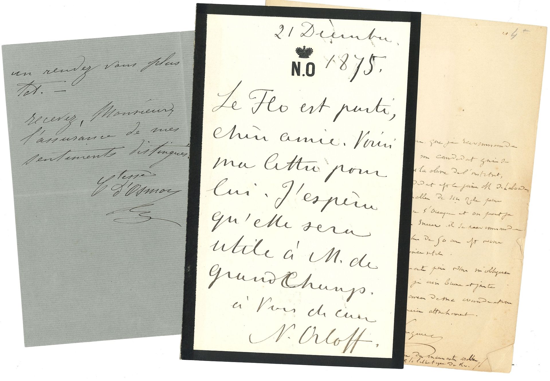 DIVERS. 27 lettres ou pièces, la plupart L.A.S.

Louis-Guillaume Landgrave de Hesse (Hombourg 1829), Francis Esme, baron Fain, A. Fauchier-Magnan, E. Gibert, Henri Gouraud (4), Ed. Herriot, Lucien Lambert, Hyacinthe Loyson, Princesse Mathilde, Nicolas Orloff (2), comtesse d’Osmoy, chancelier Pasquier, José Perez Galdos, Claude Perroud, Jules Simon, Max. Weygand, etc. Plus un n° du journal Le Courrier (26 août 1749).