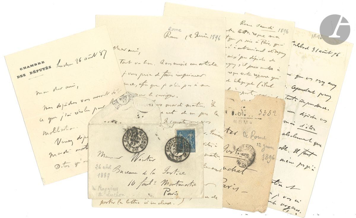 Georges CLEMENCEAU (1861-1929). 15 L.A.S., 1887-1916, à Étienne Winter ; 33 pages, la plupart in-8, enveloppes (petites fentes à qqs lettres).

Correspondance avec son secrétaire et collaborateur, qui sera rédacteur en chef du journal La Justice, et sera son chef de cabinet. Les lettres sont écrites de Luchon, Rome, Carlsbad, Aunay-en-Bazois (château du comte d’Aunay), ou de Paris. Elles donnent des instructions pour gérer ses affaires à Paris, ou accompagnent l’envoi de ses articles pour La Justice ou L’Aurore (comme Pierre et Paul ou L’enfer social), et se soucient des corrections des épreuves. Il fait aussi allusion aux affaires politiques, comme « la mobilisation » lors de l’incident Schnaebelé (1887), les affaires de la Chambre ou du Sénat, etc.
 On joint une L.A.S. à Mme Jeanne Guffroy (1902) ; 12 enveloppes autogr. à E. Winter ; 3 brouillons et fragments autographes.