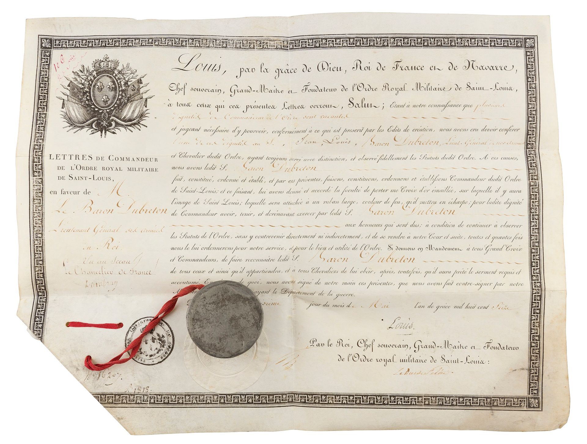 [Jean-Louis DUBRETON (1773-1855) général]. Brevet, portant la griffe de Louis XVIII et les signatures du duc de Feltre et du Chancelier Dambray, Paris 3 mai 1816 ; parchemin (31,5 x 40,5 cm) en partie imprimé aux armes royales, sceau sous papier, sceau de cire rouge aux armes pendant sur cordelette rouge, dans son boîtier métallique.

Lettres de Commandeur de l’Ordre royal militaire de Saint-Louis pour le baron Dubreton, « Lieutenant Général des armées du Roi ».