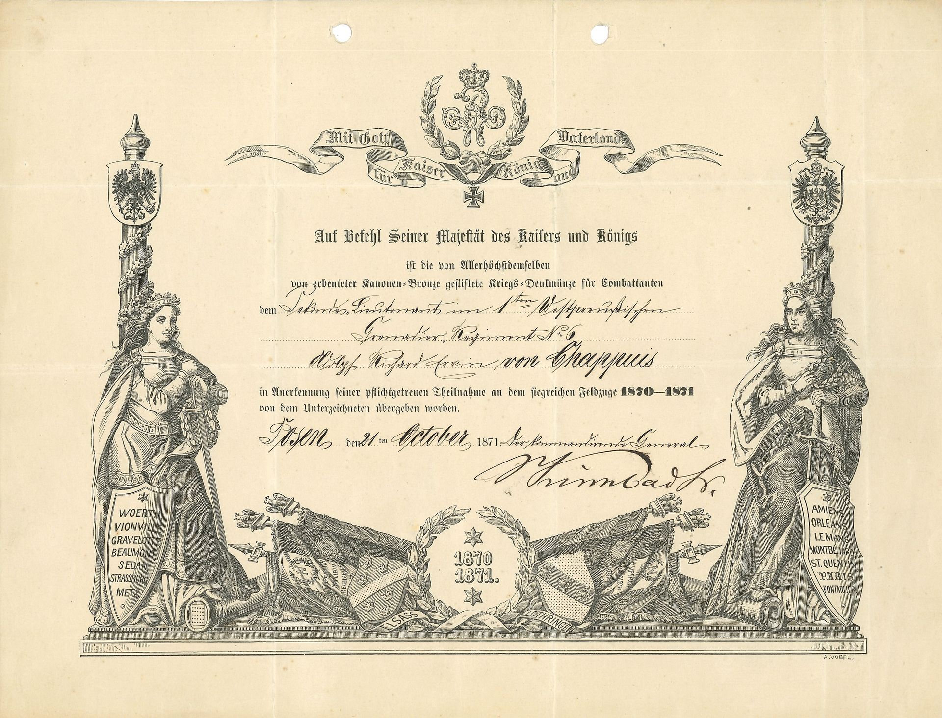 GUERRE DE 1870. Brevet, Posen 21 octobre 1871 ; 1 page oblong in-4 en partie impr. avec décor gravé d’A. Vogel (2 petits trous d’archivage) ; en allemand.

Diplôme d’une médaille commémorative de bronze 1870-1871 pour l’officier Chappuis du 6e Régiment de Grenadiers prussiens. Le décor représente deux déesses guerrières, sur les boucliers desquelles sont inscrites les batailles remportées.