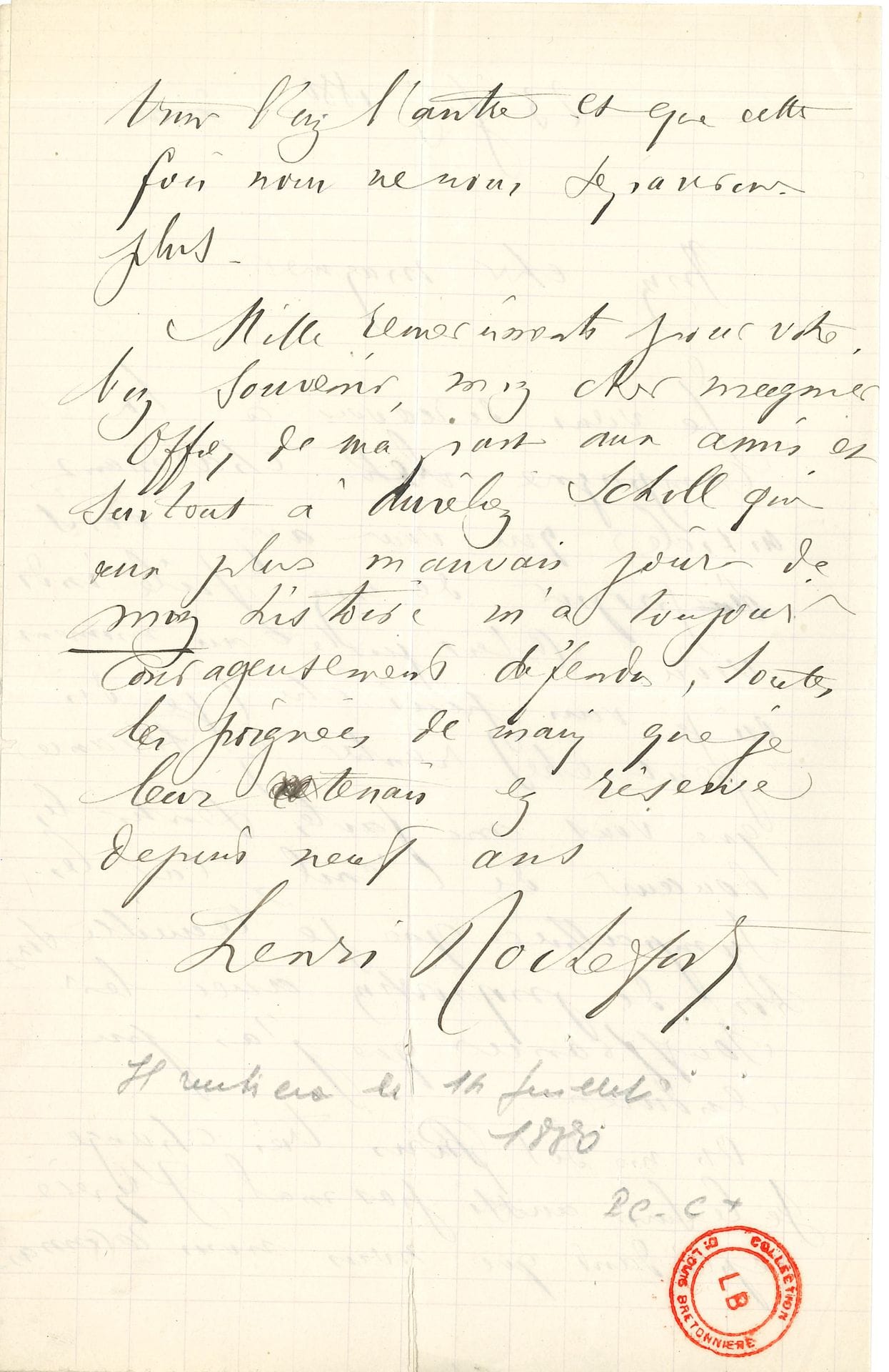 GUERRE DE 1870. 3 L.A.S. de personnalités politiques.

Adolphe CRÉMIEUX (1796-1880). L.A.S., Paris 15 juin (2 p. ¼ in-8 deuil). En faveur d’un prisonnier : « La miséricorde et la clémence sont d’ailleurs si douces à invoquer ! »…
Ferdinand HÉROLD (1828-1882). L.A.S., Paris 11 septembre 1871, à un ami directeur de journal (2 p. in-8 deuil), envoyant un article sur la réorganisation de la magistrature : « Vous avez deviné juste : deux heures après mon arrivée place Beauvau, je m’occupais de l’indemnité de la garde nationale. J’ai essayé, tâtonné, peu réussi, et cependant je me suis laissé dire, que, pendant mes 20 jours d’administration (grâce à bien des circonstances, mais au nombre desquelles mes deux règlements successifs), l’indemnité journalière était descendue de 600.000 fr à 400.00 fr. […]De ma vie, je n’ai éprouvé plus vivement, que pendant ces 20 jours, le désir et le dégoût de l’autorité, je vous conterai cela. Ne pouvant rien faire, j’avais fini par être dominé par cette idée : m’en aller ! »…
Henri ROCHEFORT (1830-1913). L.A.S., 23 juin 1880, au journaliste Edmond Magnier (2 p. in-8, fente), remerciant pour « le charmant article » qu’il lui a consacré. « C’est juste au moment où je vais peut-être (je dis peut-être) rentrer en France que vous me faites sentir les douceurs de l’exil, car les sympathies que je recueille sont hors de proportion avec les souffrances que j’ai pu endurer »…