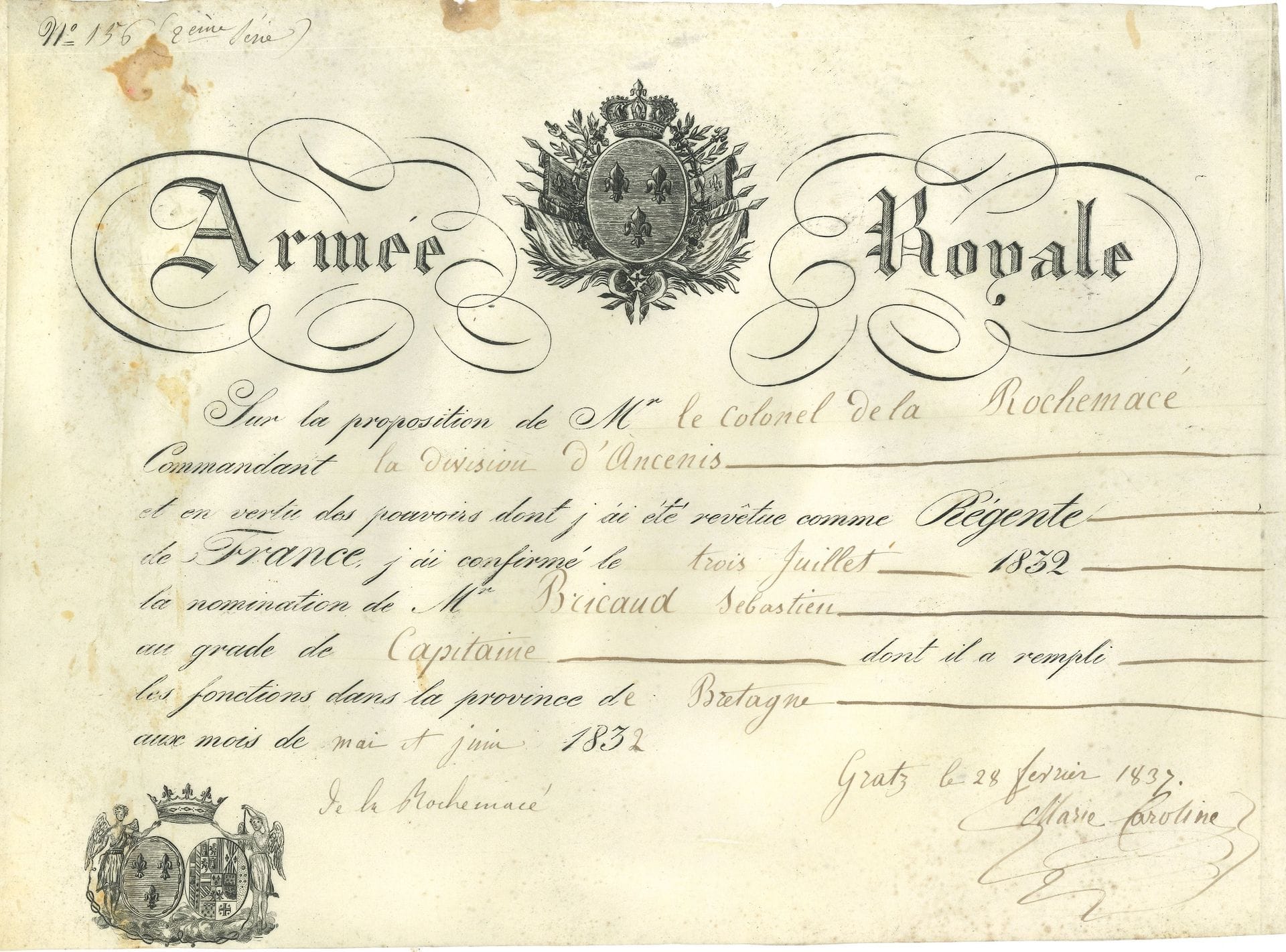 
BREVETS ET DIPLÔMES. 5 P.S., dont 5 sur vélin, 1665-1837.





Louis XIV (secrétaire, contresignée par Guénégaud, autorisation à porter un justaucorps bleu garni de galons, passements, dentelles ou broderie, 1665) ; Louis de Bourbon comte de Clermont (provisions de procureur fiscal au Loroux, 1732) ; Louis-Philippe duc d’Orléans (provisions de notaire royal aux bailliages de Romorantin et Millançay, 1763) ; Charles X alors comte d’Artois (griffe, brevet de décoration du Lys, 1815) ; Marie-Caroline duchesse de Berry (brevets de chef de bataillon et de capitaine dans l’Armée royale, Gratz 1837).



On joint 5 lettres ou pièces, XIXe siècle : feuille de route, états de services, certificat et congé militaires, pétition aux députés.
