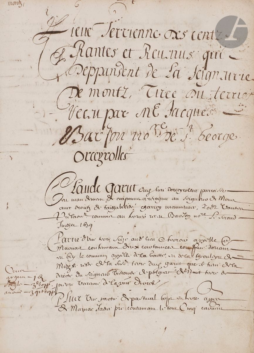 AUVERGNE. Manuscript land register, Lieue terrienne de Montz, [XVIIe-XVIIIe siècle]; 241 fol. pages plus blank ff., in beige basane cover (worn) with remains of laces.

This Lieue terrienne des centz rantes et revenus qui deppandent de la Seigneurie de Montz was taken from the terrier received by Jacques Barjon notary of Saint-Georges Orceyrolles. Beautiful terrier for about twenty places of the lordship of Montz or Mons, in Auvergne. The fortified castle of Montz (or Mons), in Puy-en-Velay, was inherited by Marie-Isabeau Spert in the middle of the 17th century; as an only child, she married Jacques-Hubert Pradier d'Angrain, lieutenant general of the seneschal of Puy, whose name appears on these pages. The last marginal updates are dated 1783. 
 The register opens with a "Reppertoire" of places, most of which are in the present department of Haute-Loire, and a few in Puy-de-Dôme or Cantal: Orceyrolles, Theux, Mondolioux, Doulioux-Daurat, Antreulz (Antreuil), Bougernes, Craponne, Poupenac, Fraisse, Fraisse Marchadial, Longefont, Pinet, Montpeyroux, Saint-Georges [Lagricol], La Branchade, Arsac, Sassac, Besses...