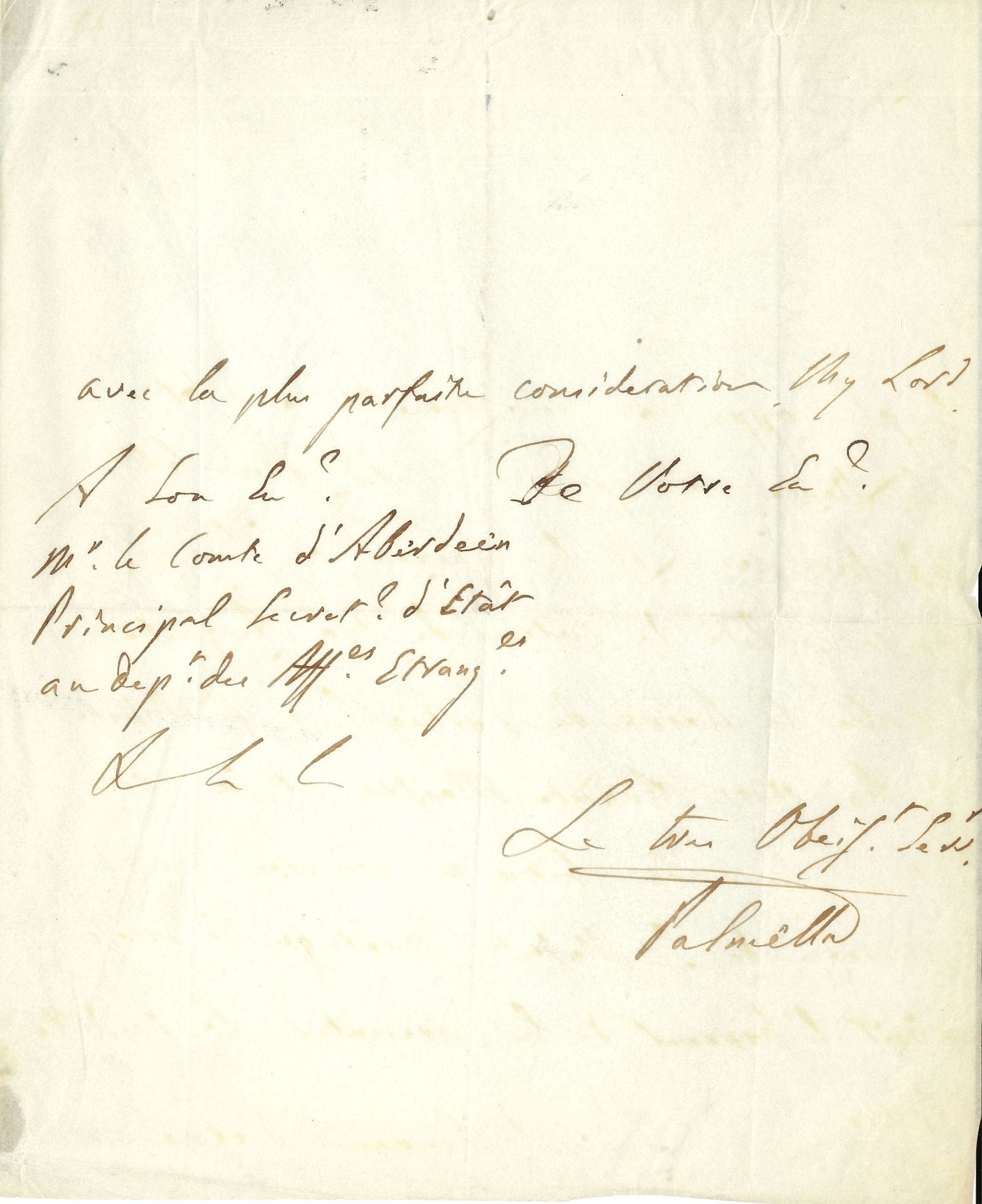 PORTUGAL. Pedro de Sousa Holstein, duc de PALMELA (1781-1850) homme d’État et diplomate portugais. L.A.S., Falmouth 27 septembre 1828, au comte d’Aberdeen, principal secrétaire d’État au département des Affaires étrangères ; 3 pages in-4 ; en français.

« Sa Majesté la Reine de Portugal mon Auguste Souveraine venant de débarquer dans ce port, je m’empresse de faire part de cet evenement à Votre Excellence et de la prier d’accepter les remerciements de Sa Majesté tres fidelle, pour la reception distinguée, que, conformement aux ordres de Sa Majesté Britannique, lui ont fait les Autorités militaires et civiles de Falmouth ». Il doit remettre à sa Majesté une « lettre adressée par S.M. l’Empereur du Bresil, en sa qualité de tuteur de son Auguste fille la Reine de Portugal, à Sa Majesté le Roi votre Auguste Maître »…