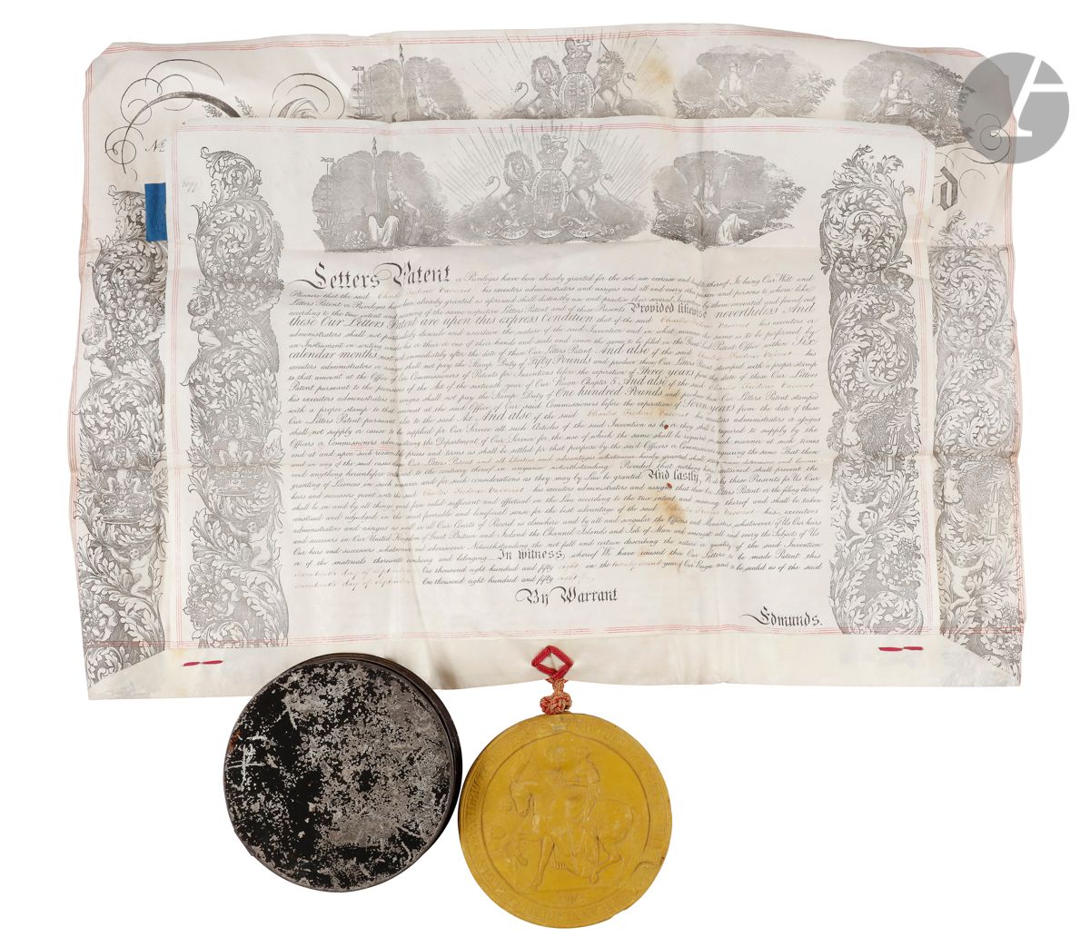 VICTORIA (1819-1901) Reine de Grande-Bretagne. Lettres patentes avec son grand sceau, Londre 17 septembre 1858 ; 2 vélins in-plano en partie impr., grandes bordures décoratives ornées d’emblèmes du royaume et de feuilles d’acanthe, liés par une cordelette rouge et beige avec grand sceau de cire jaune pendant sur cordelette (Ø 16 cm), boitier en fer blanc.

Lettres patentes et brevet en faveur de Charles-Frédéric Vasserot [ouvrier teinturier né à Lyon en 1839], demeurant à Londres, pour protéger son invention de « machinery or apparatus for dressing and finishing fabrics ». Grand sceau représentant sur une face Victoria en majesté sur son trône, et sur l’autre à cheval, avec la devise : Victoria Dei gratia Britanniarum Regina Fidei Defensor (un bord un peu écaillé).