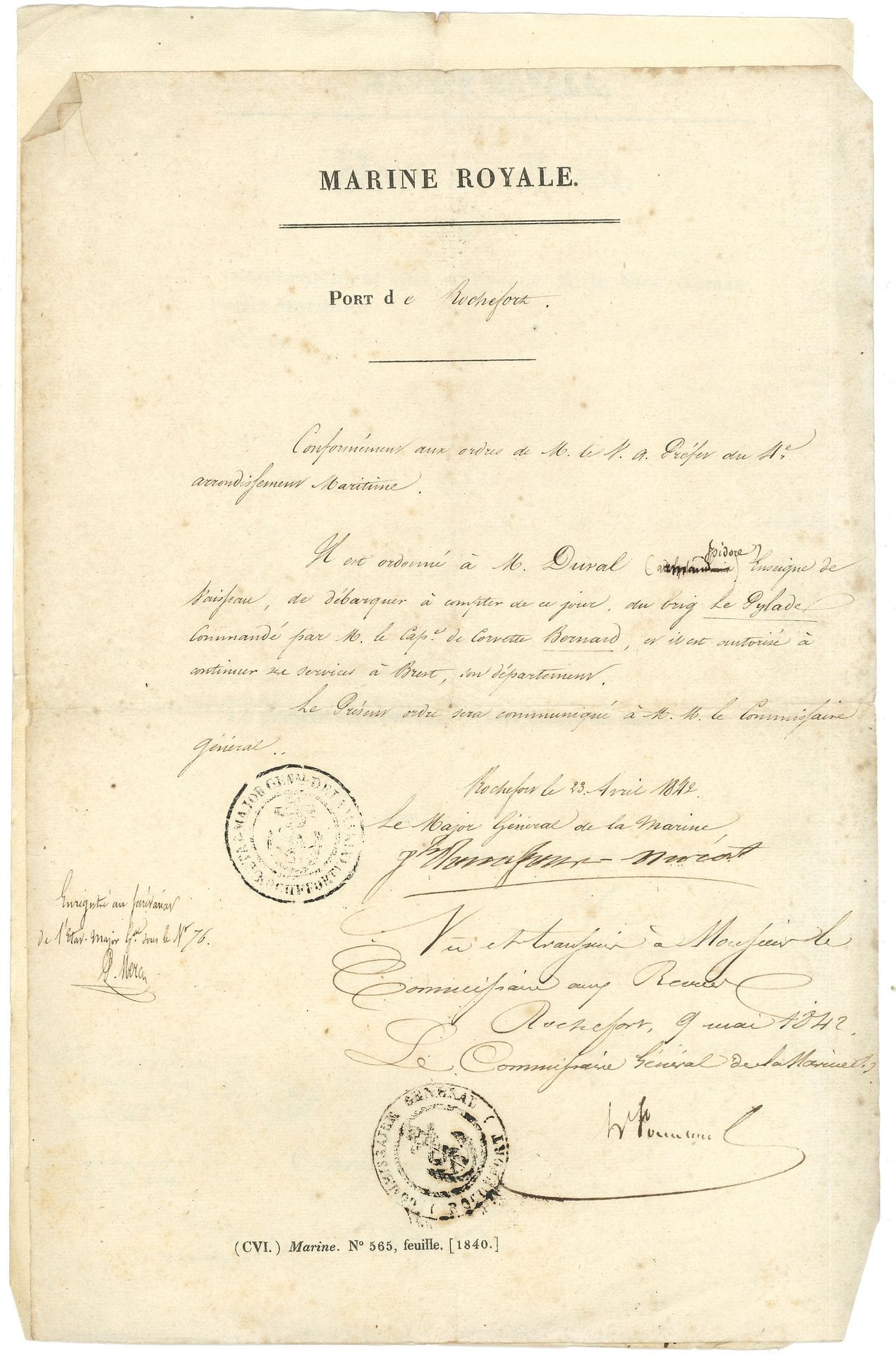 MARINE. 5 L.A.S. or L.S. from naval officers and ministers.

Théodore Ducos, Guy-Victor Duperré, Marie-Jules Dupré (2), Pharamond de Saint-Légier de Boisrond (to Monge). 
 Attached are 21 embarkation or disembarkation orders or notices of various promotions addressed to Armand-Isidore Duval, who was born on February 24, 1819 in Brest and died at sea, aboard La Saône, off Mexico, on June 30, 1864. These documents, drawn up between April 23, 1842 and January 17, 1864, are signed by ministers of the navy, admirals, counter-admirals or vice-admirals (Frédéric Regnault de La Susse, Antoine Louis de Gourdon, Guillaume Larrieu, A.-E.-L. Laffon de Ladebat, Prosper de Chasseloup-Laubat, Camille Clément de La Roncière-Le Noury, etc.). Plus various documents attached.