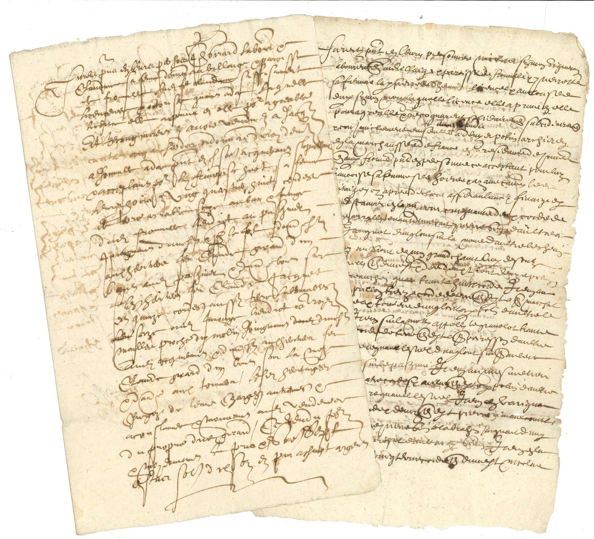 FLANDERS. 4 acts on paper, Fromelles 1590-1613; 8 pages small in-4 (one incomplete). 

 Sales of land in favor of Denis Potin and Jacques Caritat, archers of the Maréchaussée de France, by winegrowers and ploughmen.