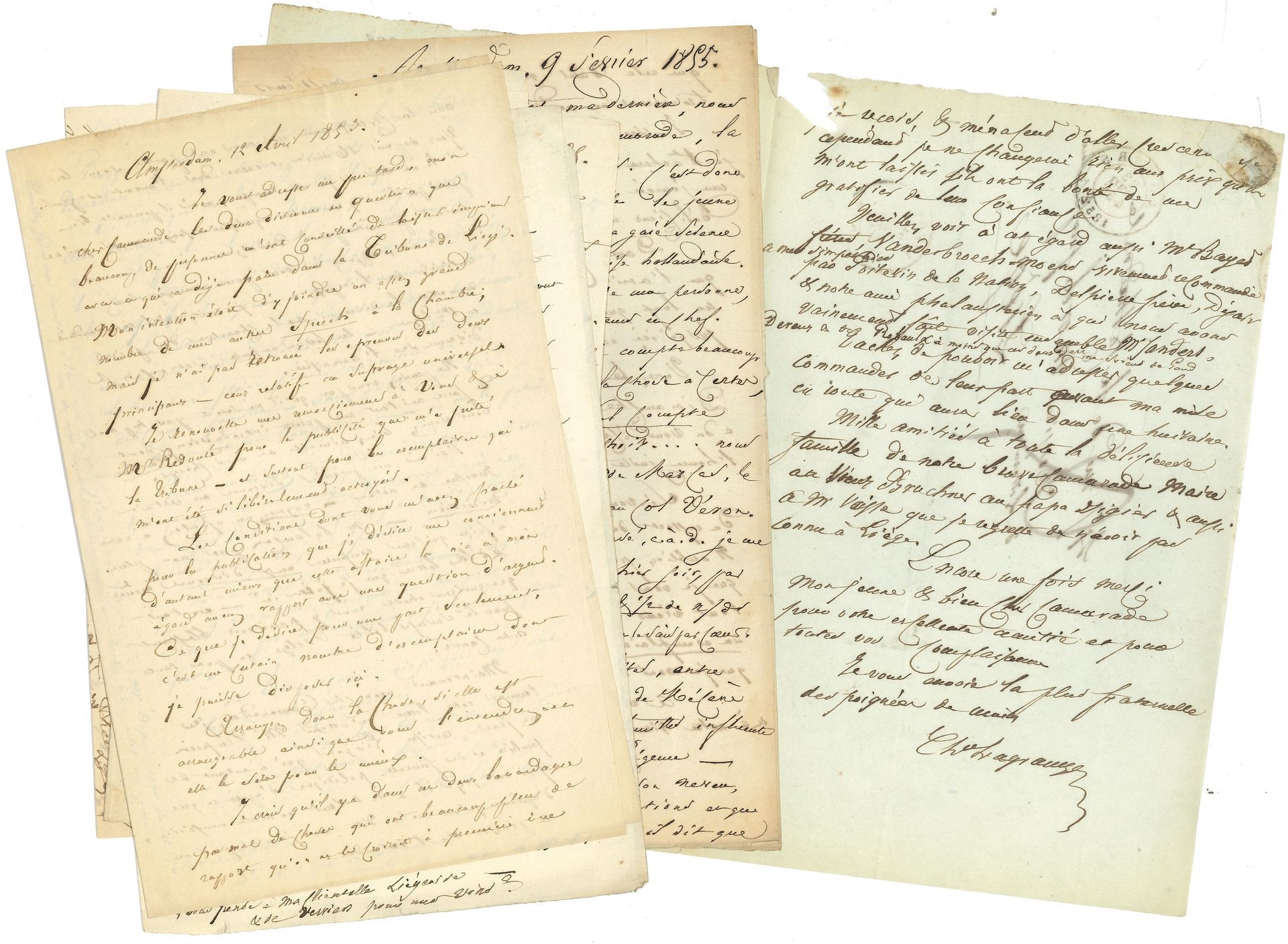 Charles LAGRANGE (1804-1857) revolutionary politician. 6 L.A.S., Antwerp then Amsterdam 1852-1855, to M. Morel in Liège, Dordrecht and The Hague; 17 pages in-8, 4 addresses.

Long political letters from his exile in Belgium then in the Netherlands.
Antwerp December 22, 1852. He wanted to print his speech before the Chamber of Peers and the one on amnesty, to make known to Belgium: "the feelings which have always directed the honest part of the party in its long fight with the Royalty, & by remaining a profession of faith for the future a little in opposition to all these contradictory manifestos, which divide the opinion & make it a scarecrow for the fools"... Amsterdam April 12 and June 5, 1853. He would like to add to his speeches the one on universal suffrage, even if it means making some cuts so as not to hurt the Belgian susceptibility... February 6, 9 and 21, 1855, he calls Morel his "godson"; he speaks about an aborted meeting "in this country of religious liberties, chased away from our literary altar & all of free thought"; he leaves his hotel and tells about his new move in .... Etc.