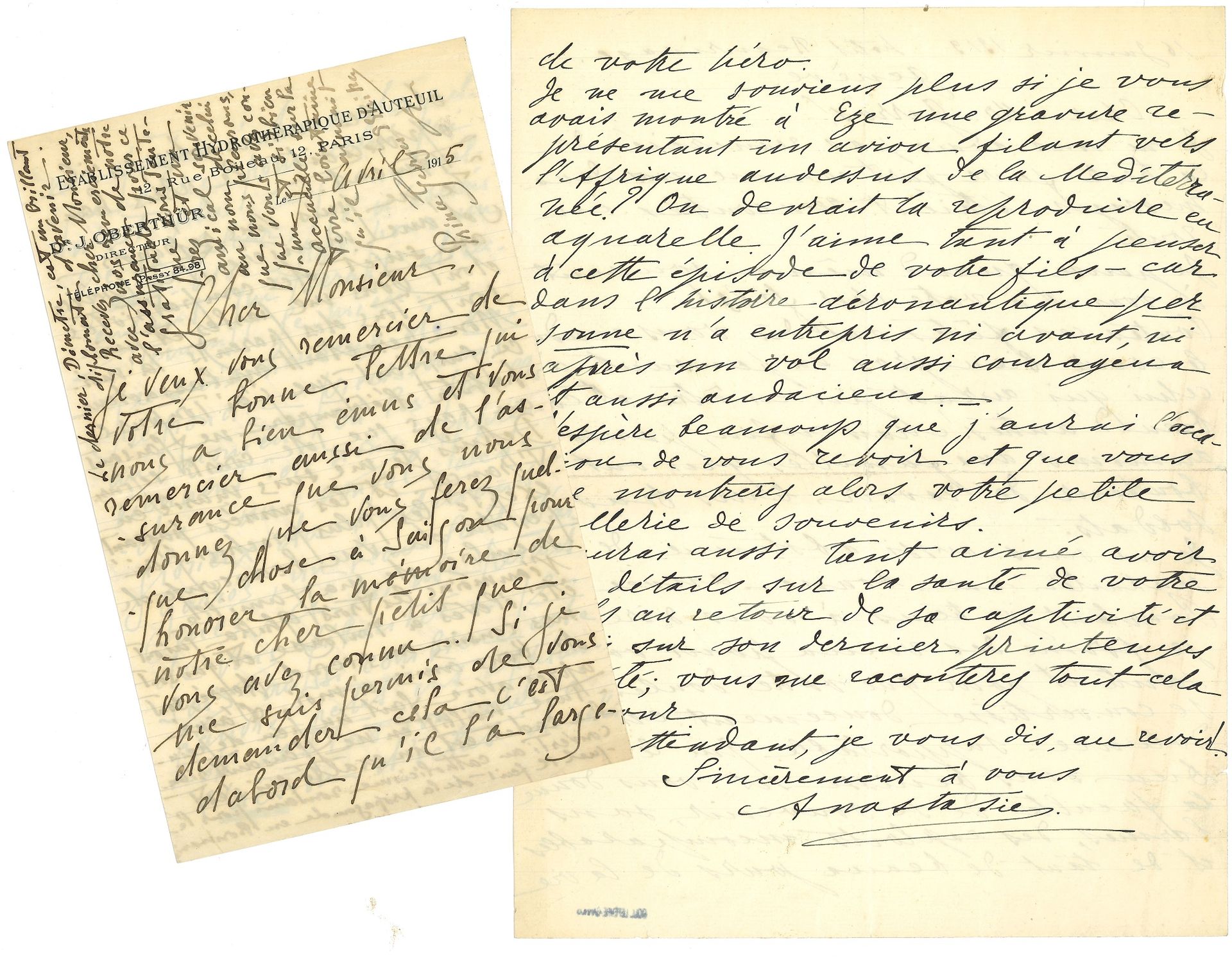 [Roland GARROS (1888-1918)]. 4 L.A.S. adressées à son père Georges Garros, 1915-1919 ; 12 pages in-8 ou in-4.

Bel ensemble de lettres après la mort de l’aviateur (le 5 octobre 1918 lors d’n combat aérien). – Grande-Duchesse Anastasia Mikhailovna (1860-1922), Genève 16 janvier 1919 : « Que le bon Dieu vous bénisse et vous donne la faculté de se souvenir, sans larmes, des exploits incomparables et de tant de beaux jours de la vie de votre héro ». Elle évoque son vol courageux et audacieux vers l’Afrique… – Prince Georges Ghika (1884-1945). 2 l.a.s., 7 avril et 30 juin 1915, lettres émues au sujet de la mort de l’aviateur Marc Pourpe (fils de Liane de Pougy, son épouse. – Lucien Millevoye (1850-1918), 1er nov. 1919, soutenant le projet de monument.