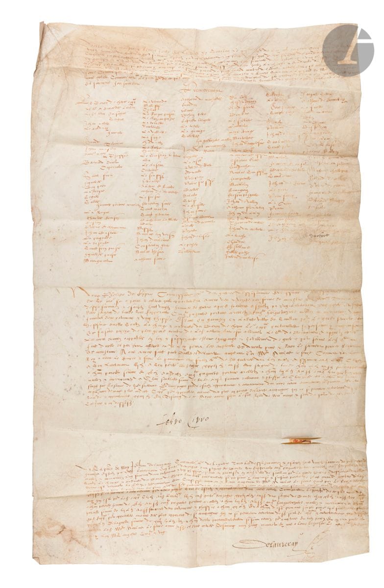 ITALY. Manuscript, " Rolle de la monstre et reveue faicte en la ville de Savillan ", Savigliano May 12, 1551; large parchment in-fol. (60 x 37 cm). 

 Rare review of troops during the tenth Italian war under Henry II.
Monster and review of 120 "French foot soldiers", under the orders of the baron de Cherit, captain, made in Savigliano (Piedmont, province of Cuneo), signed by the commissioner of wars Felipo Cipro and the controller Jehan de Lauzeray.