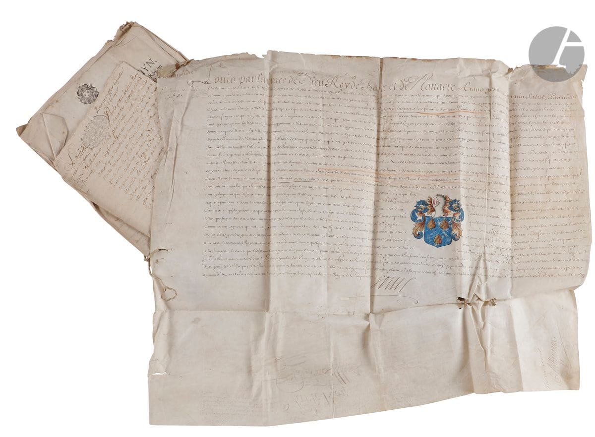 [Gaspard TURPIN, sieur de FONTAINE (1641-1717 ?) écuyer, conseiller du Roi, maître des Eaux et Forêts et capitaine de chasses du duché et bailliage d’Alençon]. Liasse de 15 lettres ou pièces à lui adressées ou le concernant ; vélin ou papier.

Lettres de noblesse avec armoiries peintes et grand sceau cire verte pendant sur cordelette, signées Louis XIV (secrétaire) et Phelypeaux (1699). Extrait des registres du Parlement justifiant sa qualité d’écuyer (1699). Lettres de mission signées de La Rouvraye (1682), Paul Mascranny de La Verrière (1682) et Nicolas Desmarets (1704). Extraits de baptême de ses fils (1709-1713). Ordre d’enregistrement des provisions données par le duc de Berry, d’Alençon et d’Angoulême, en faveur de son fils pour l’office de maître des eaux et forêts au bailliage d’Alençon (1714). L.S. du Grand Veneur Louis-Alexandre de Bourbon, comte de Toulouse, confirmant à Gaspard II Turpin sa charge « au fait des chasses en particulier » (1715). Confirmation de noblesse pour François Turpin écuyer de Bel-Aunay (1716). Certificats en faveur du maître des Eaux et Forêts défunt, par Pierre-Hector Le Guerchois, Intendant au comté de Bourgogne, Nicolas Prosper Baüyn, seigneur d’Angervilliers, Intendant de justice, police et finances en Alsace, et Louis-Guillaume Jubert de Bouville, Intendant de la généralité d’Orléans, et Paul Esprit Feydeau, commissaire pour l’exécution des ordres de S.M. en Bretagne (1717).
