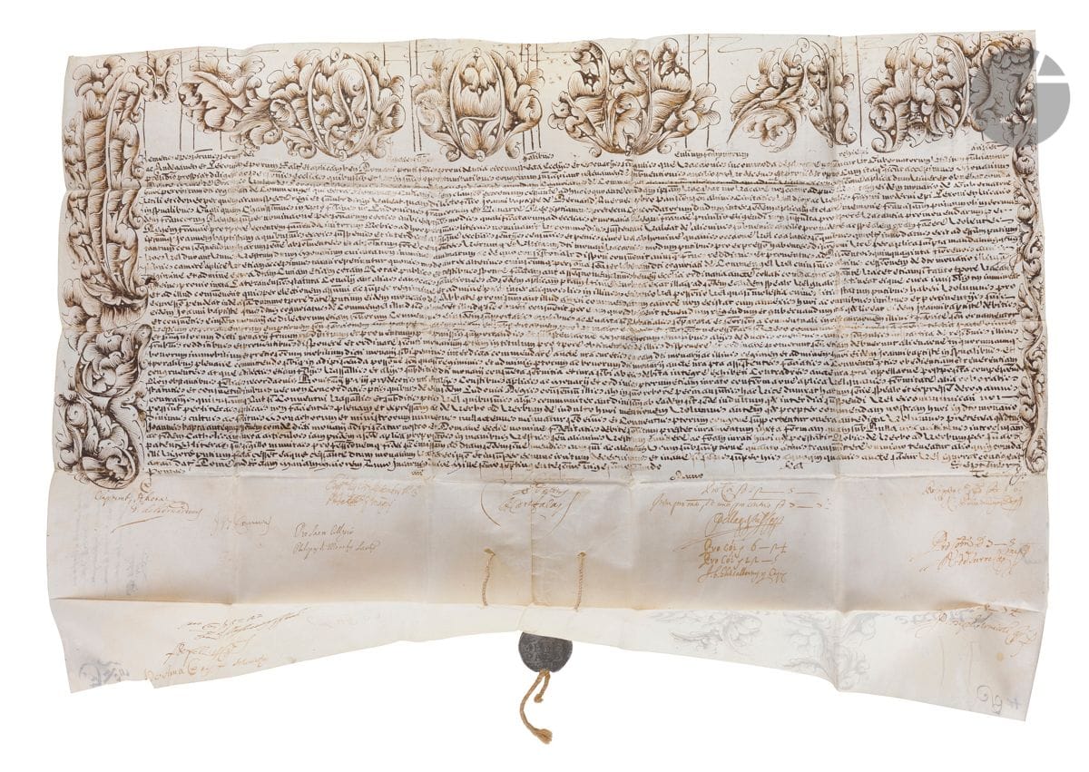 Lorenzo Corsini, Clément XII (1652-1740) Pape en 1730. Bulle manuscrite, Rome à Sainte-Marie majeure jour de l’Incarnation [25 mars]1732 ; vélin in-plano (43 x 73 cm) avec lettrines et initiales calligraphiées et ornées à décor végétal à la plume, sceau en plomb Clemens Papa XII pendant sur cordelette de chanvre.

Très belle bulle papale relative à l’administration des biens de l’abbaye du Loroux en Anjou, abbaye de l’ordre de Citeaux.